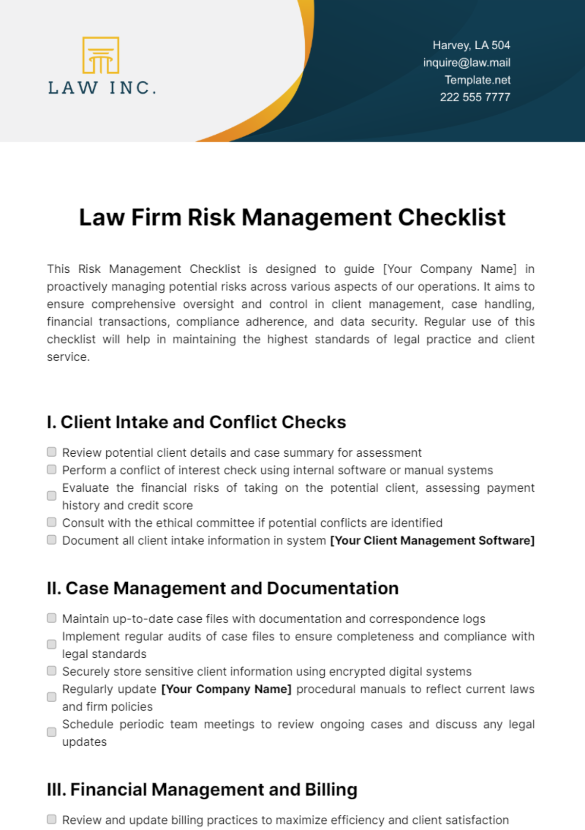 Law Firm Risk Management Checklist Template