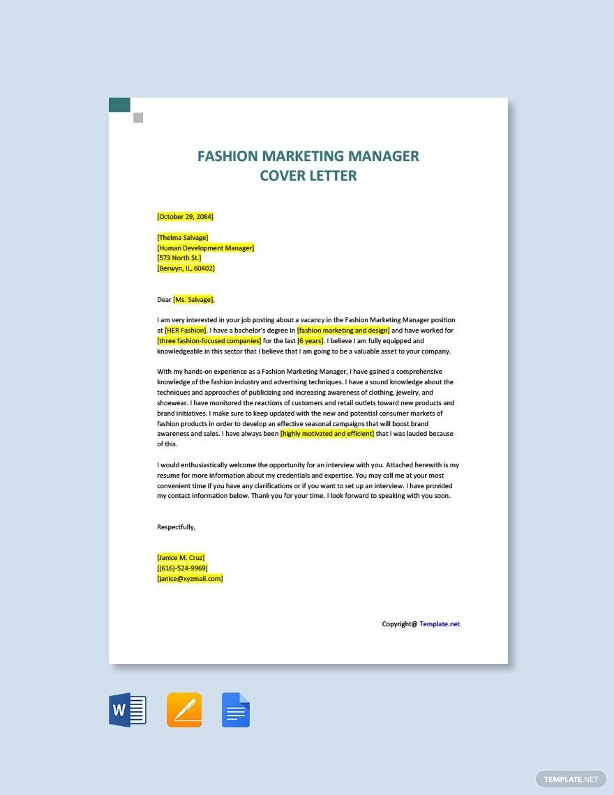 Free Fashion Marketing Manager Cover Letter Template