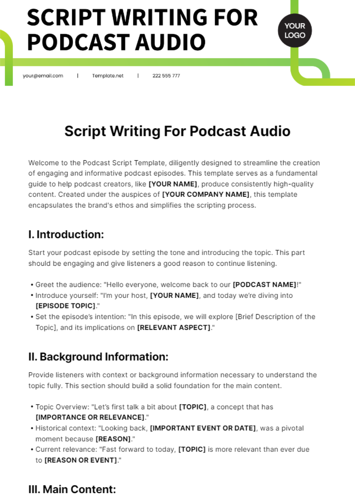 Script Writing For Podcast Audio Template