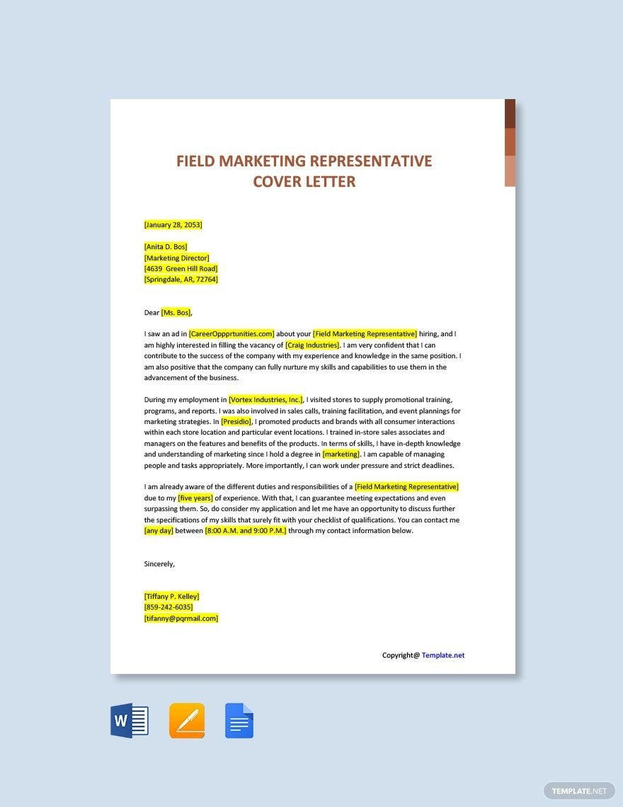 Field Marketing Representative Cover Letter Template