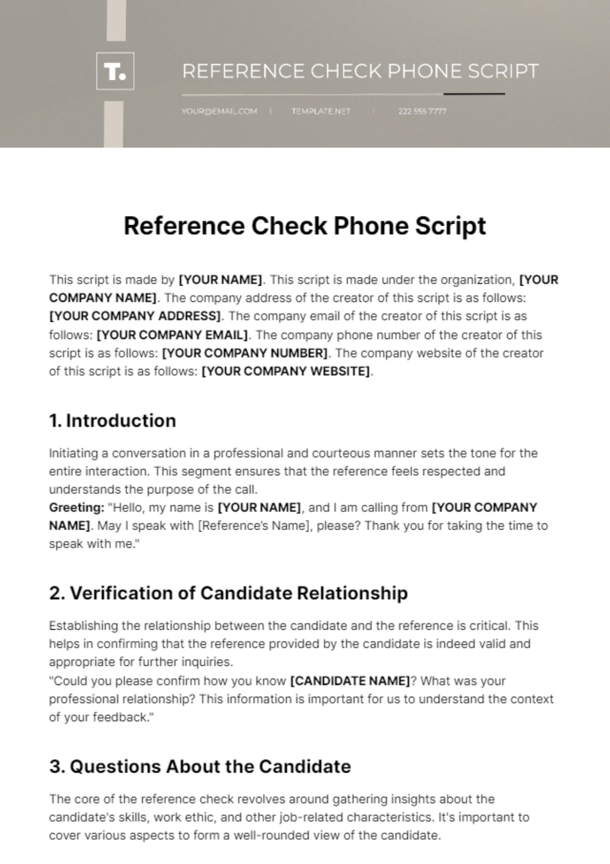 Reference Check Phone Script Template
