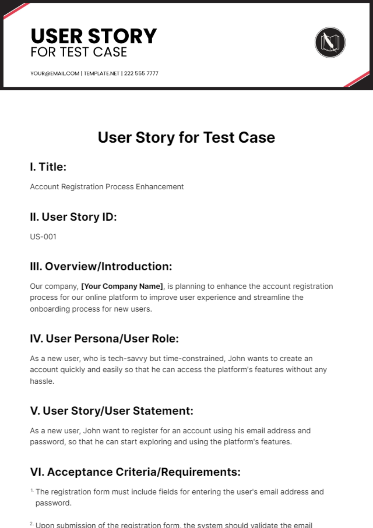 User Story For Test Case Template