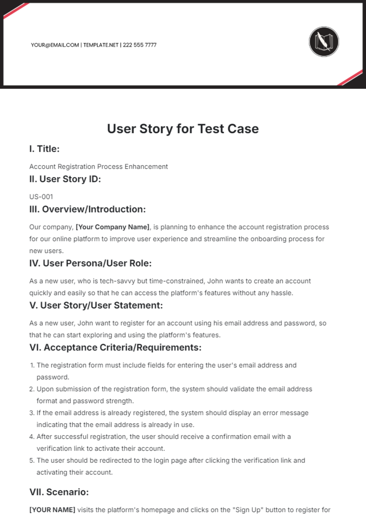 User Story For Test Case Template - Edit Online & Download