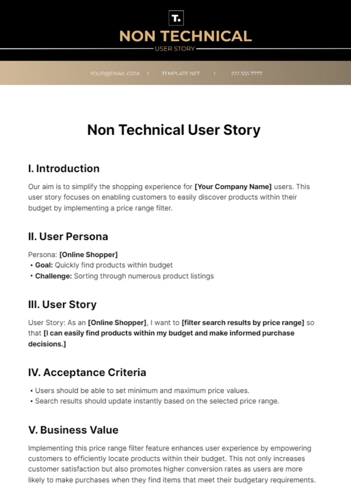 Non Technical User Story Template