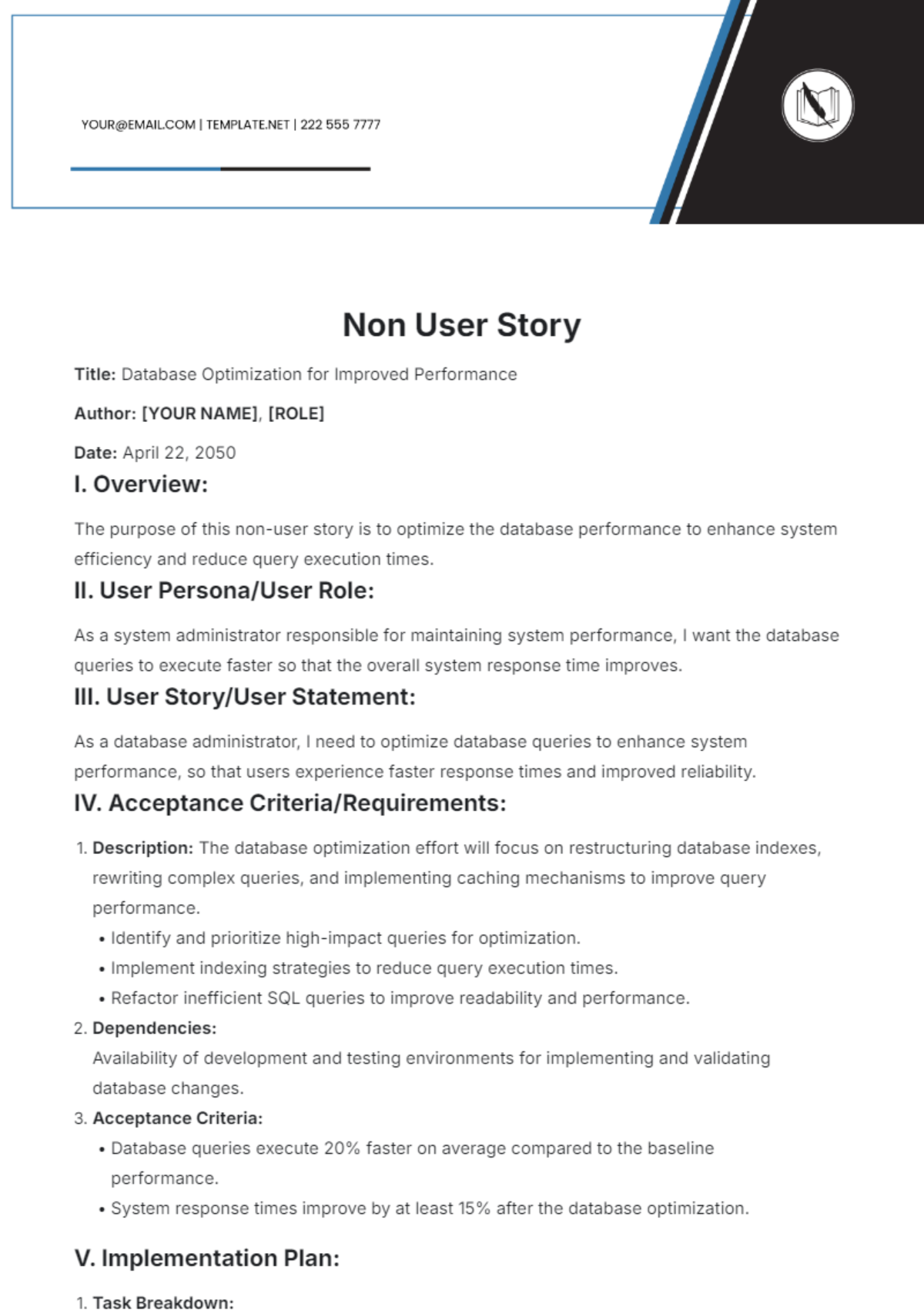 Non User Story Template - Edit Online & Download