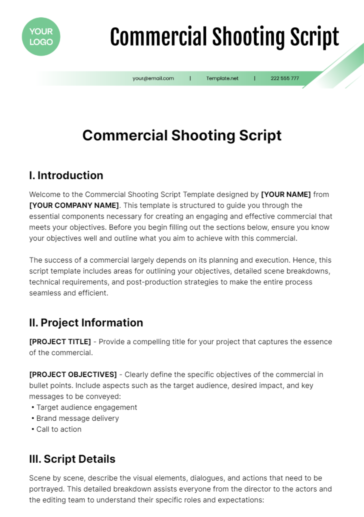 Commercial Shooting Script Template