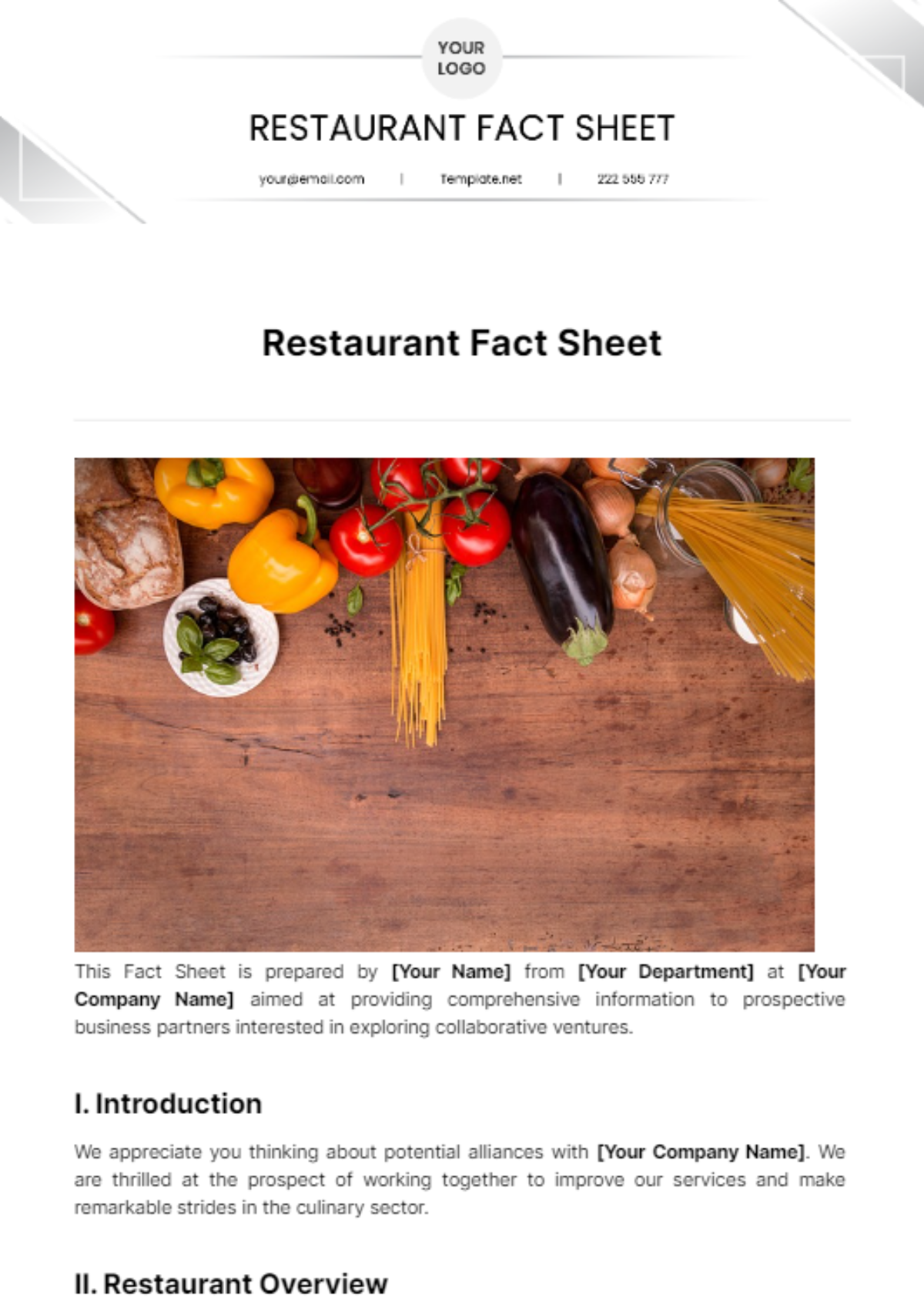 Restaurant Fact Sheet Template