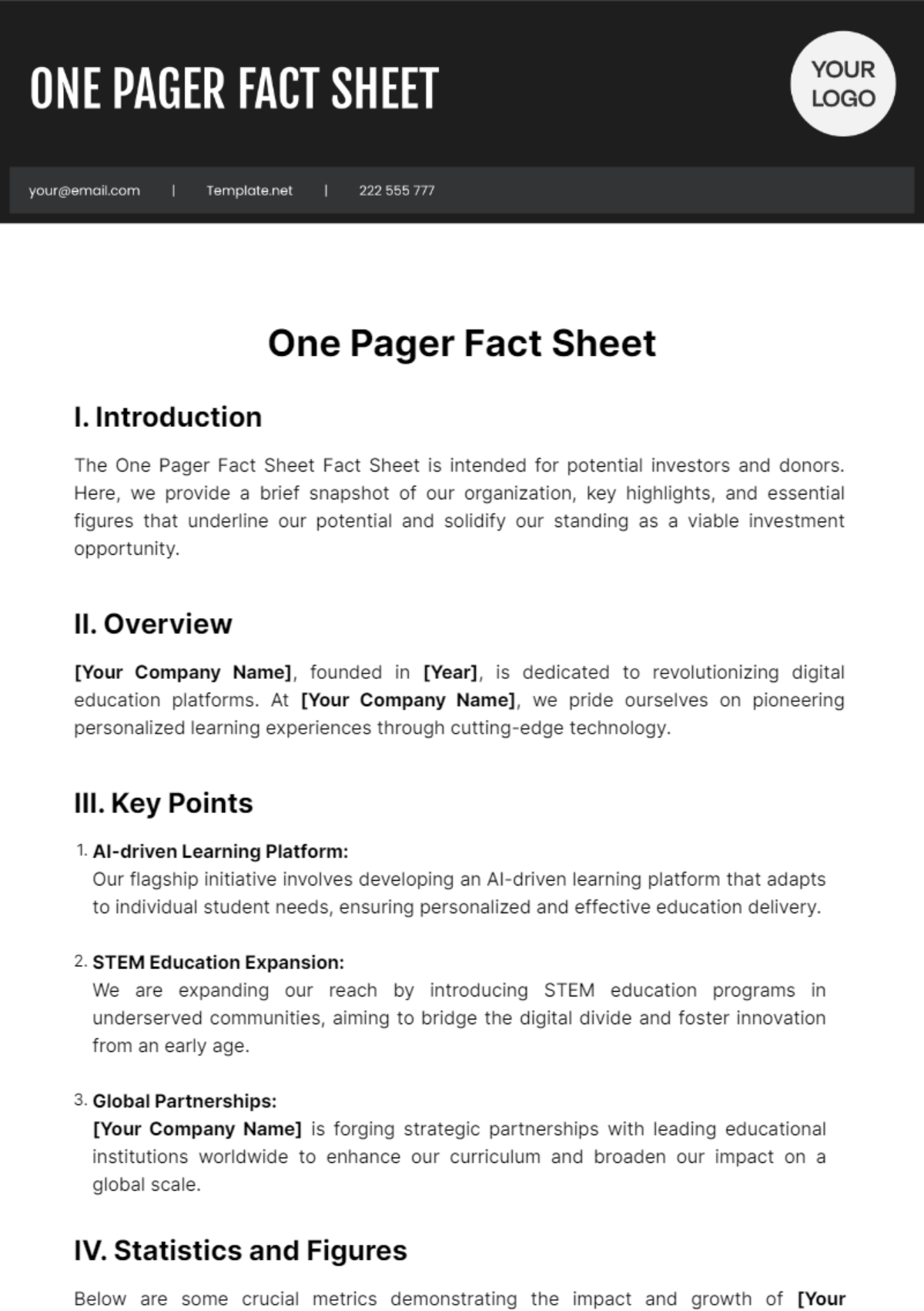 One Pager Organization Fact Sheet Template