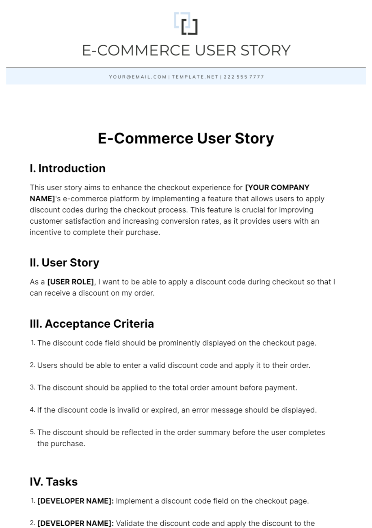 Free E-Commerce User Story Template
