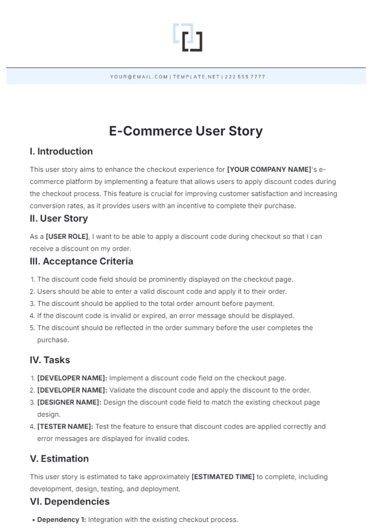 E-Commerce User Story Template - Edit Online & Download