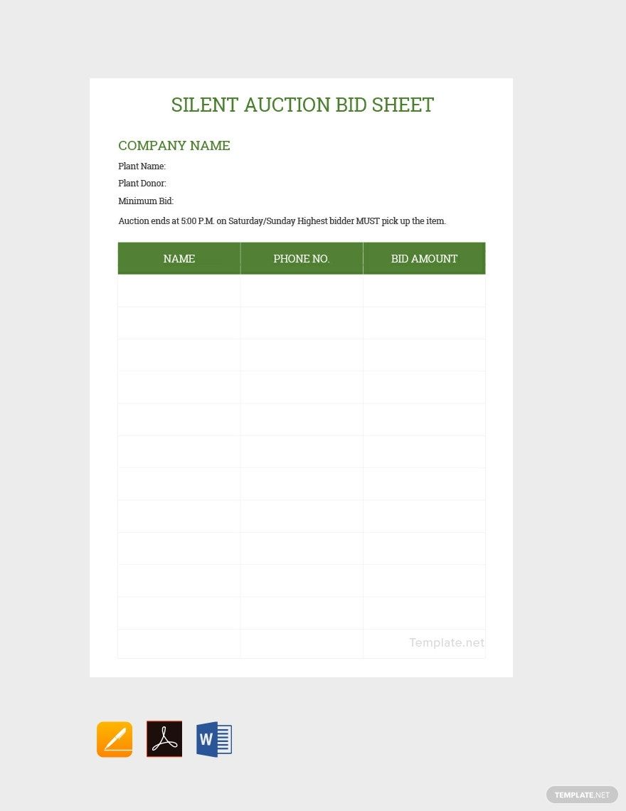 Sample Silent Auction Bid Sheet Template