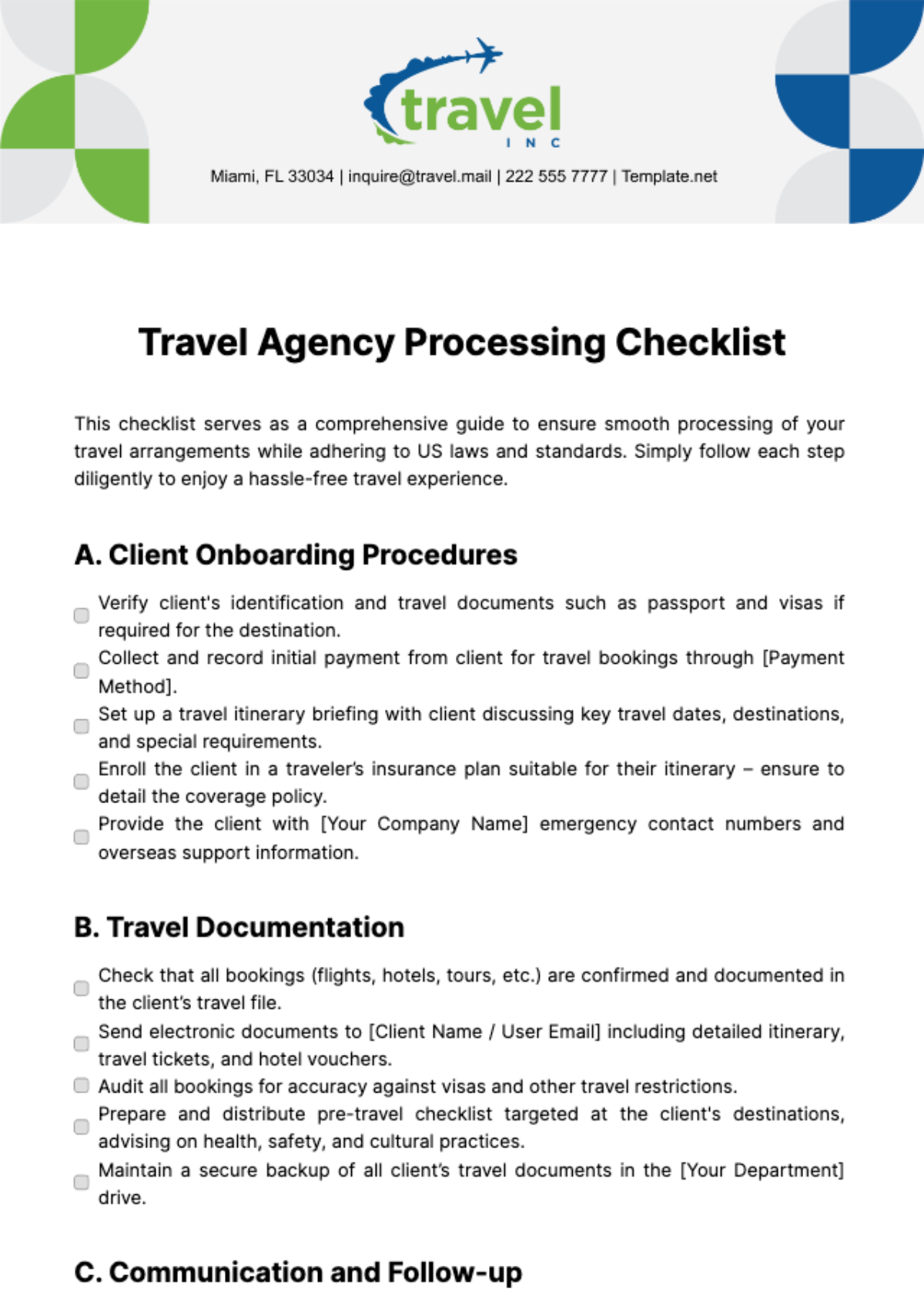Travel Agency Processing Checklist Template