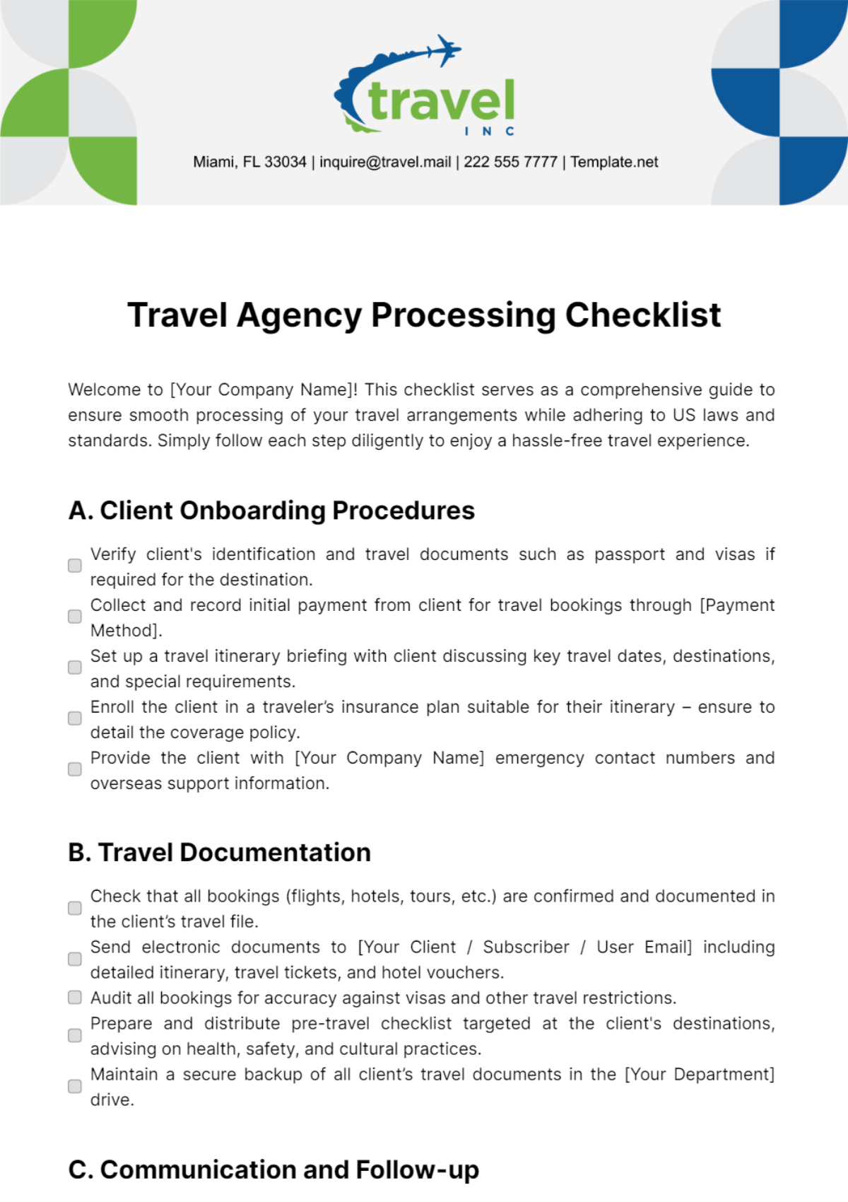 Travel Agency Processing Checklist Template