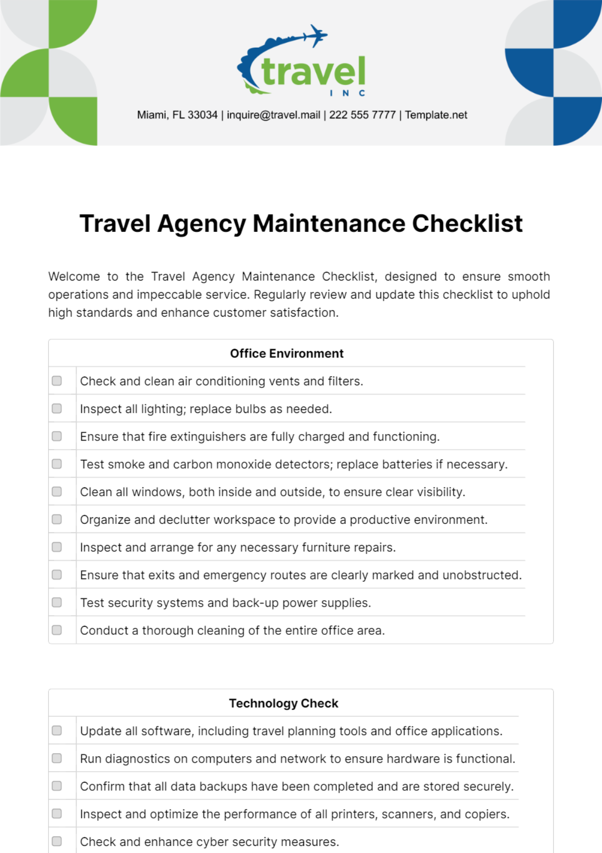 Travel Agency Maintenance Checklist Template