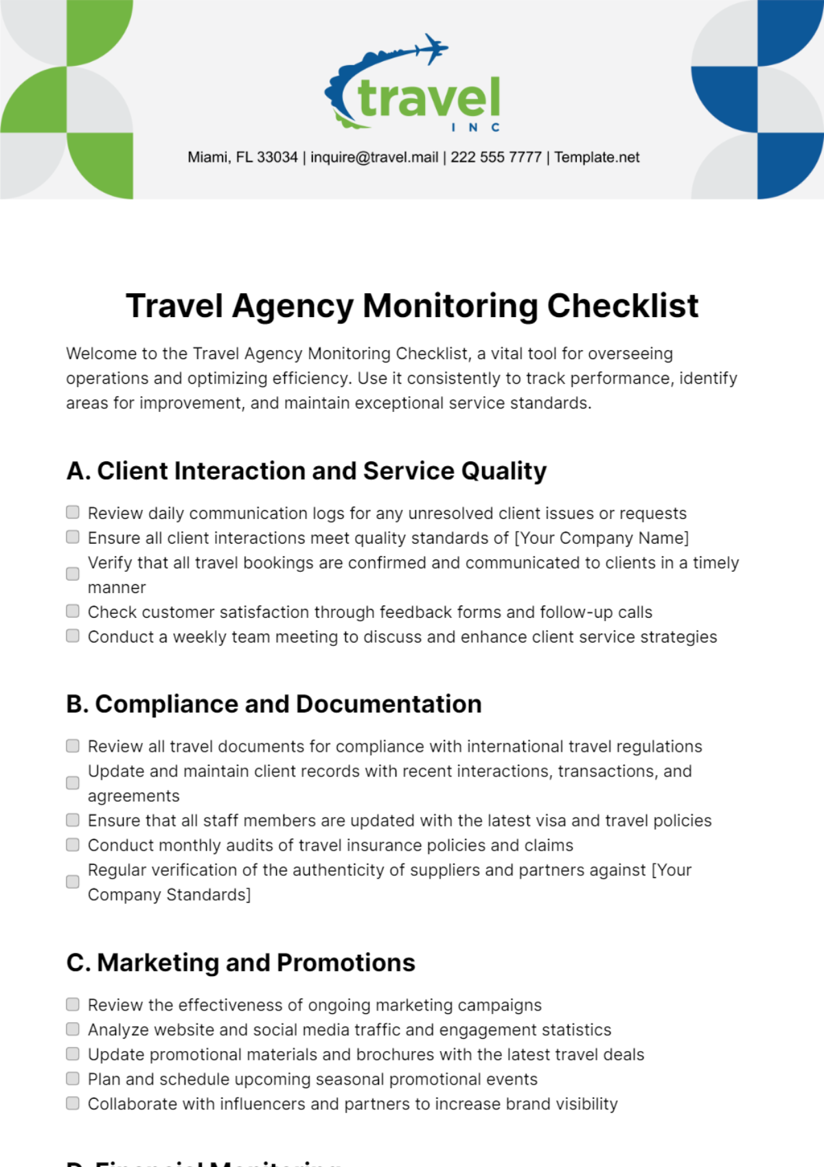 Travel Agency Monitoring Checklist Template