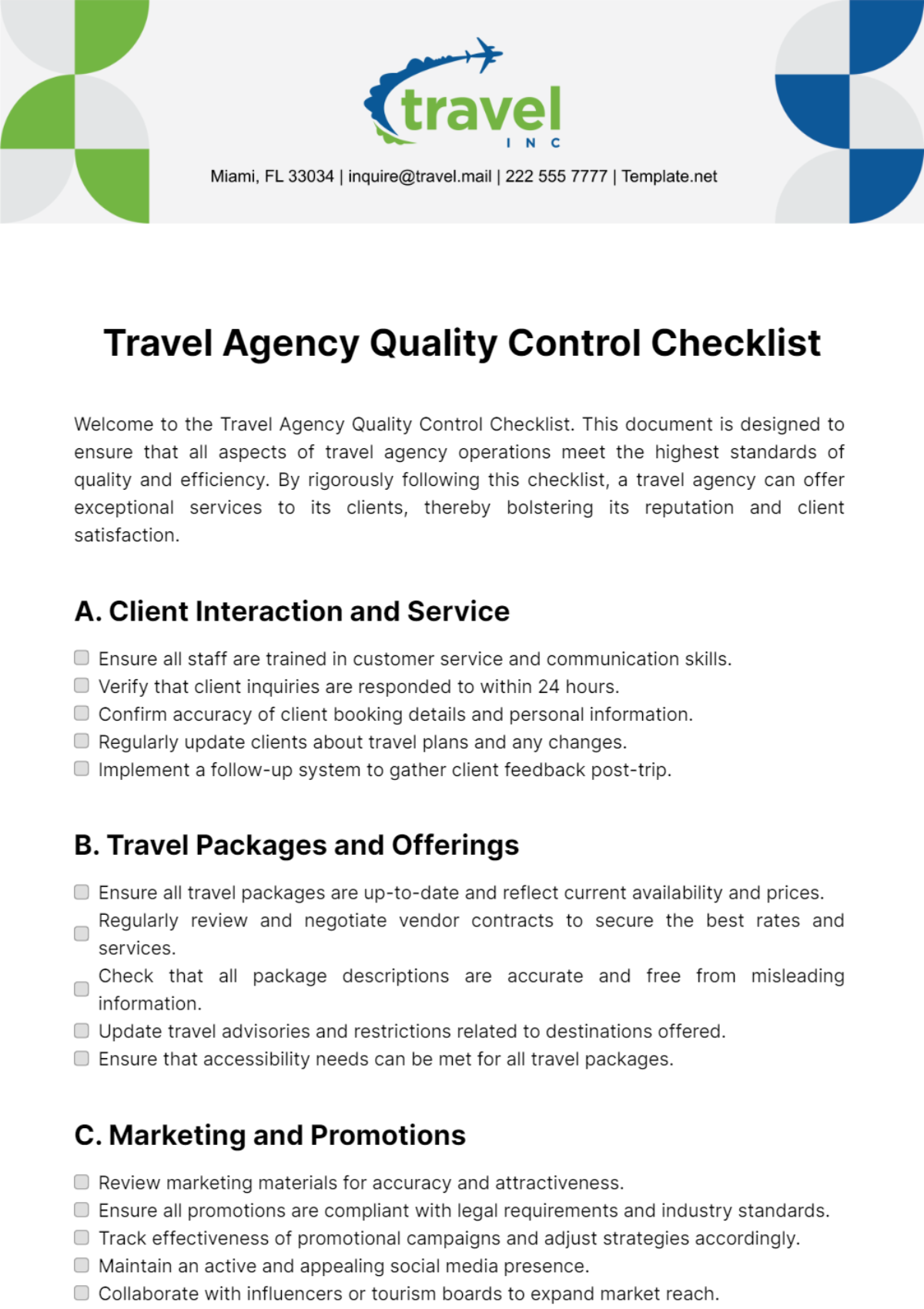Travel Agency Quality Control Checklist Template