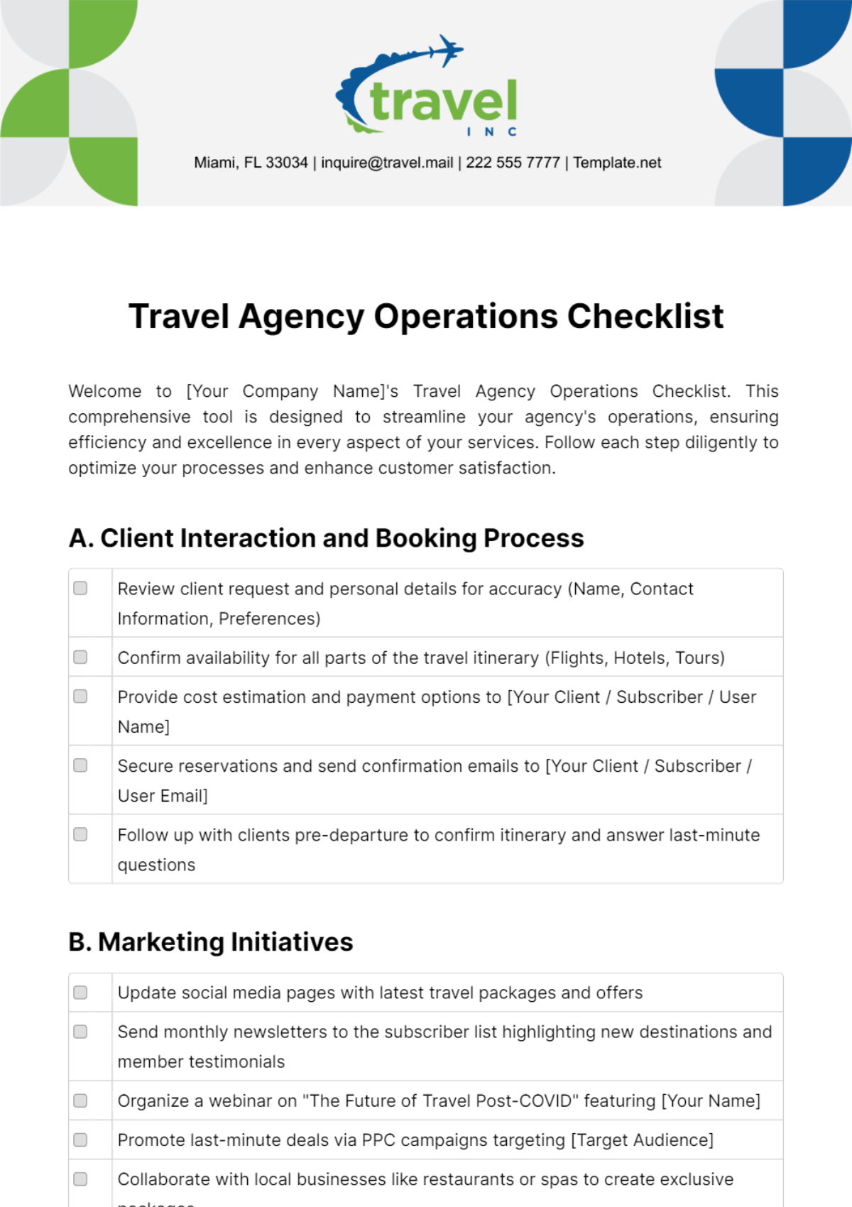 Travel Agency Operations Checklist Template