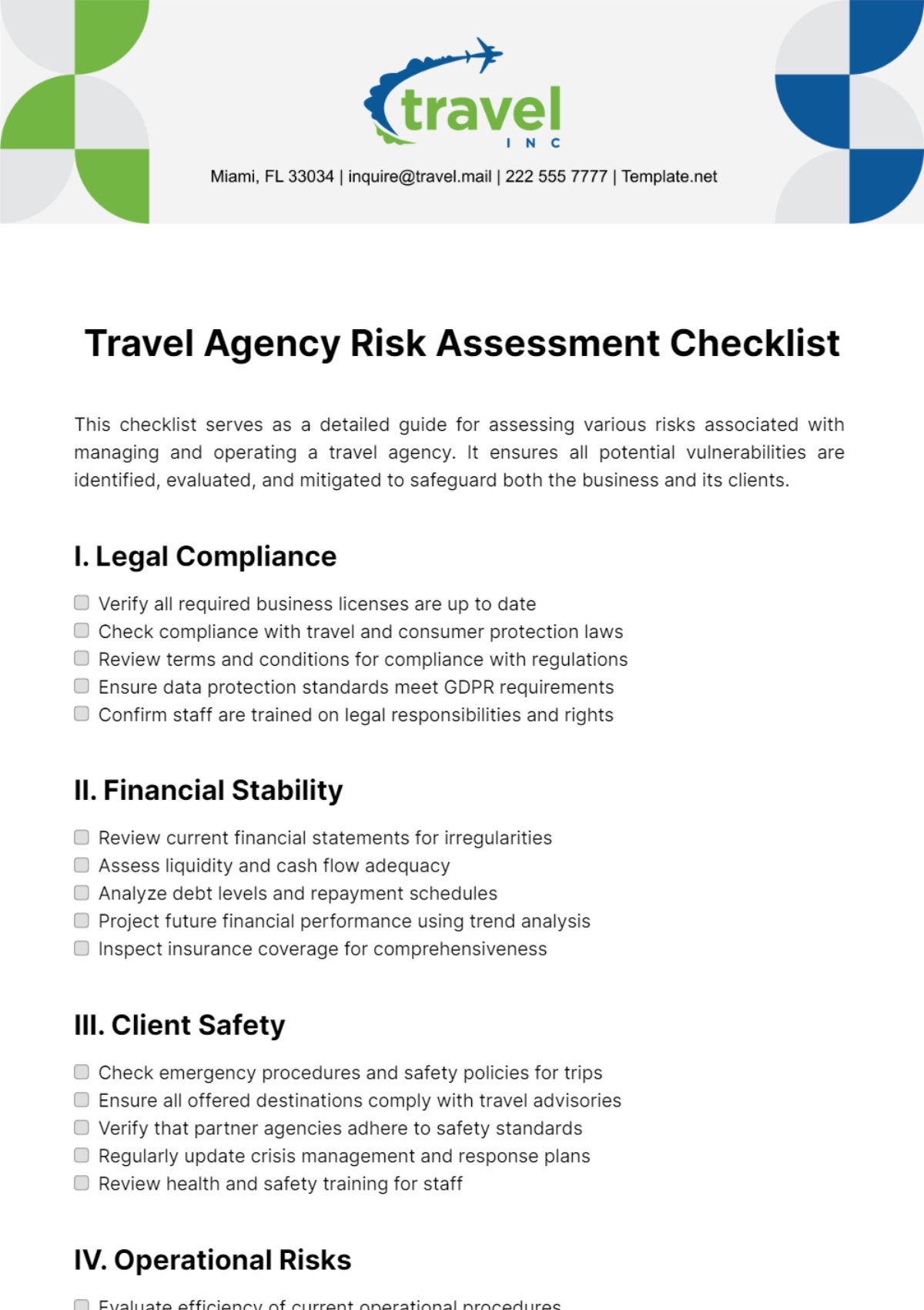 Travel Agency Risk Assessment Checklist Template