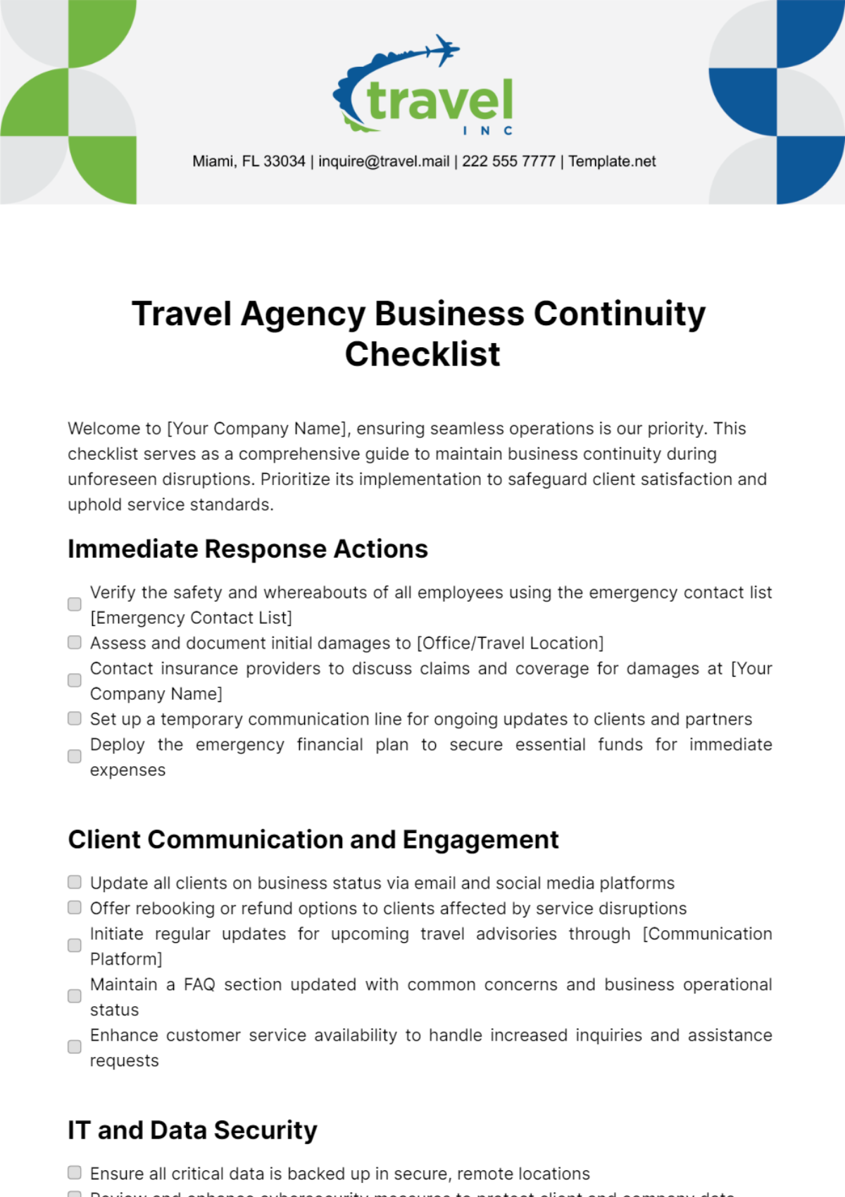 Travel Agency Business Continuity Checklist Template