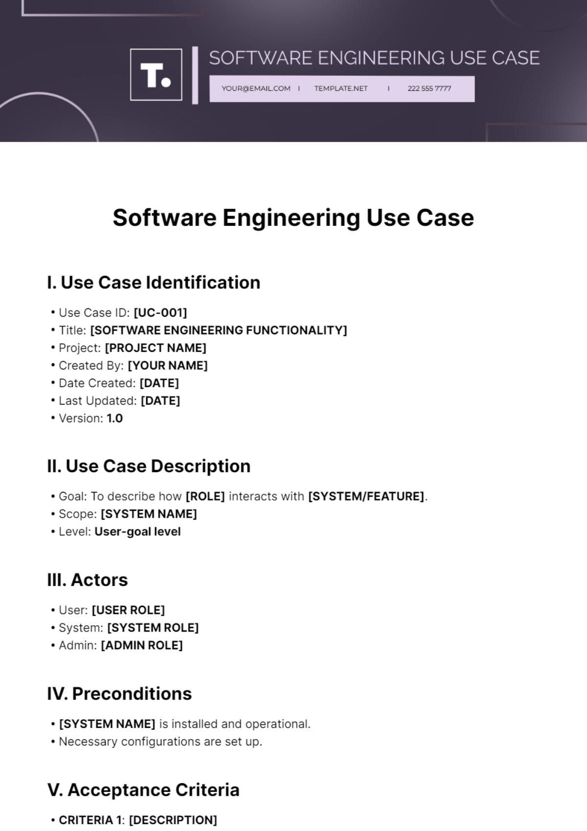 Free Software Engineering Use Case Template