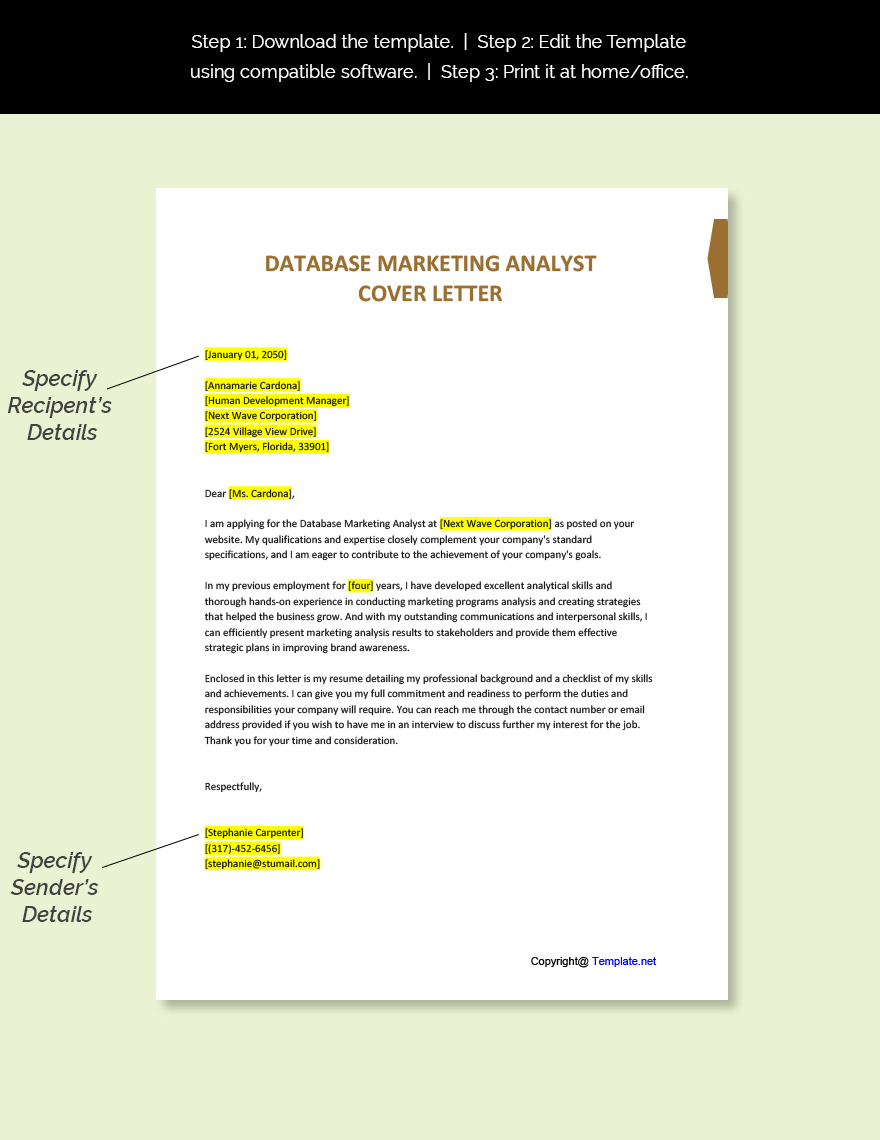 Database Marketing Analyst Cover Letter