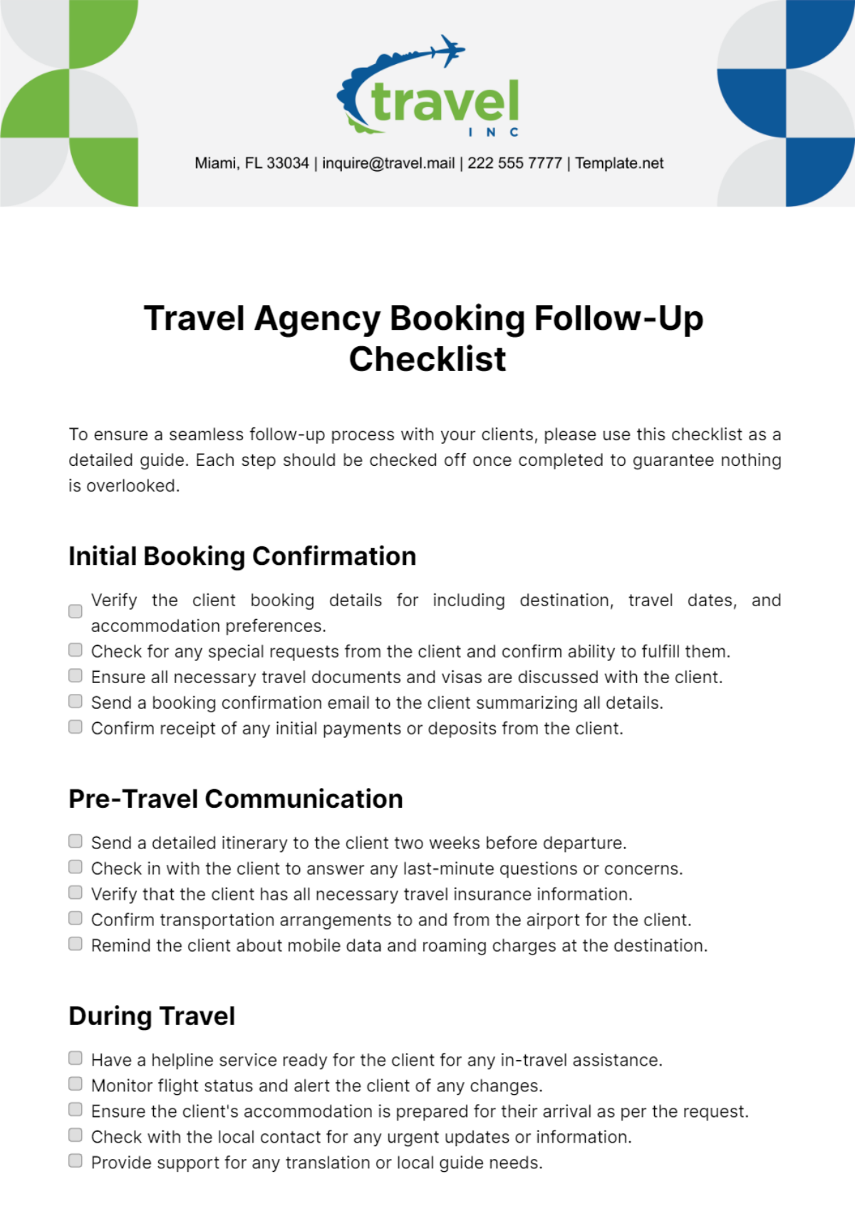 Free Travel Agency Booking Follow-Up Checklist Template