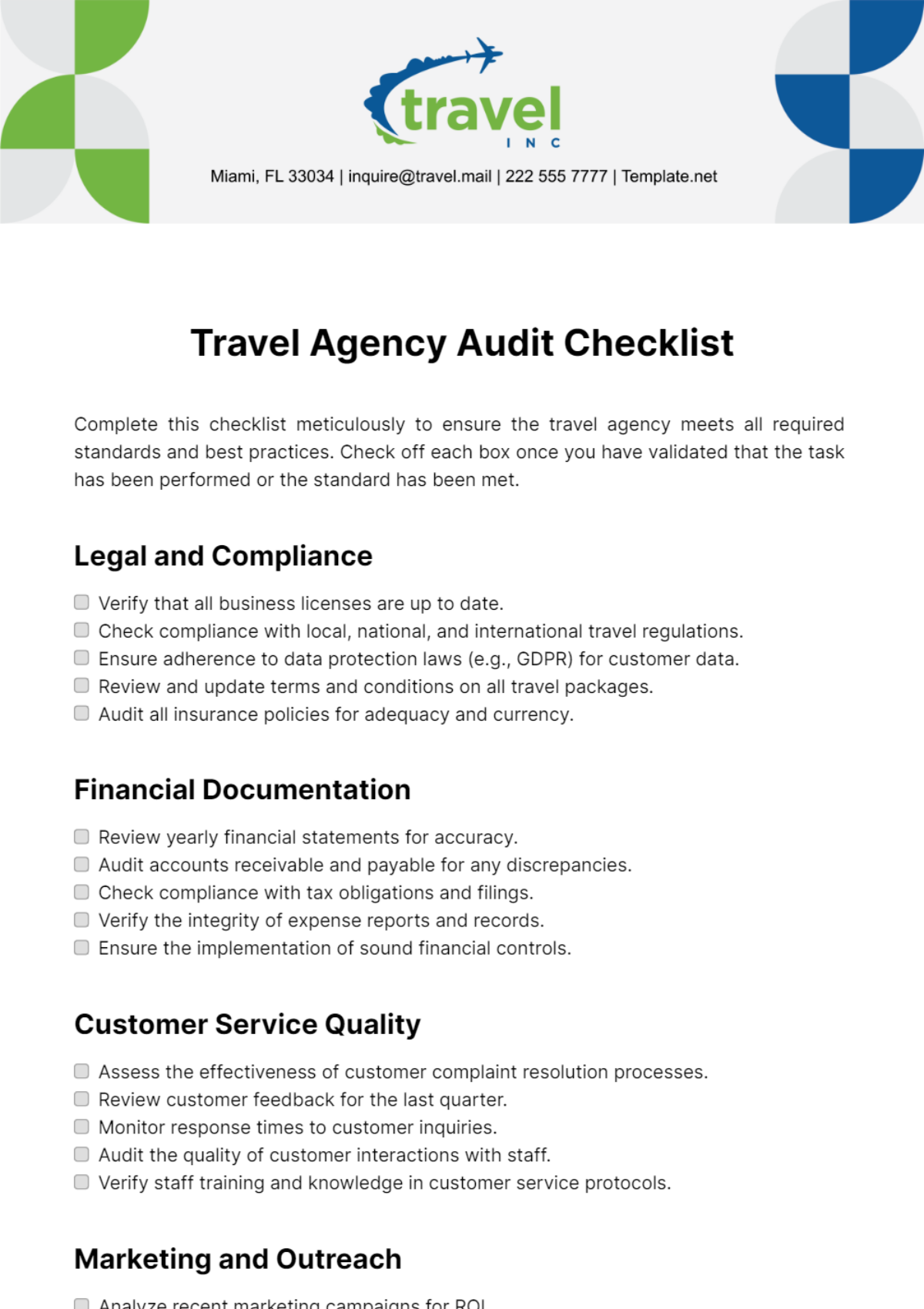 Travel Agency Audit Checklist Template