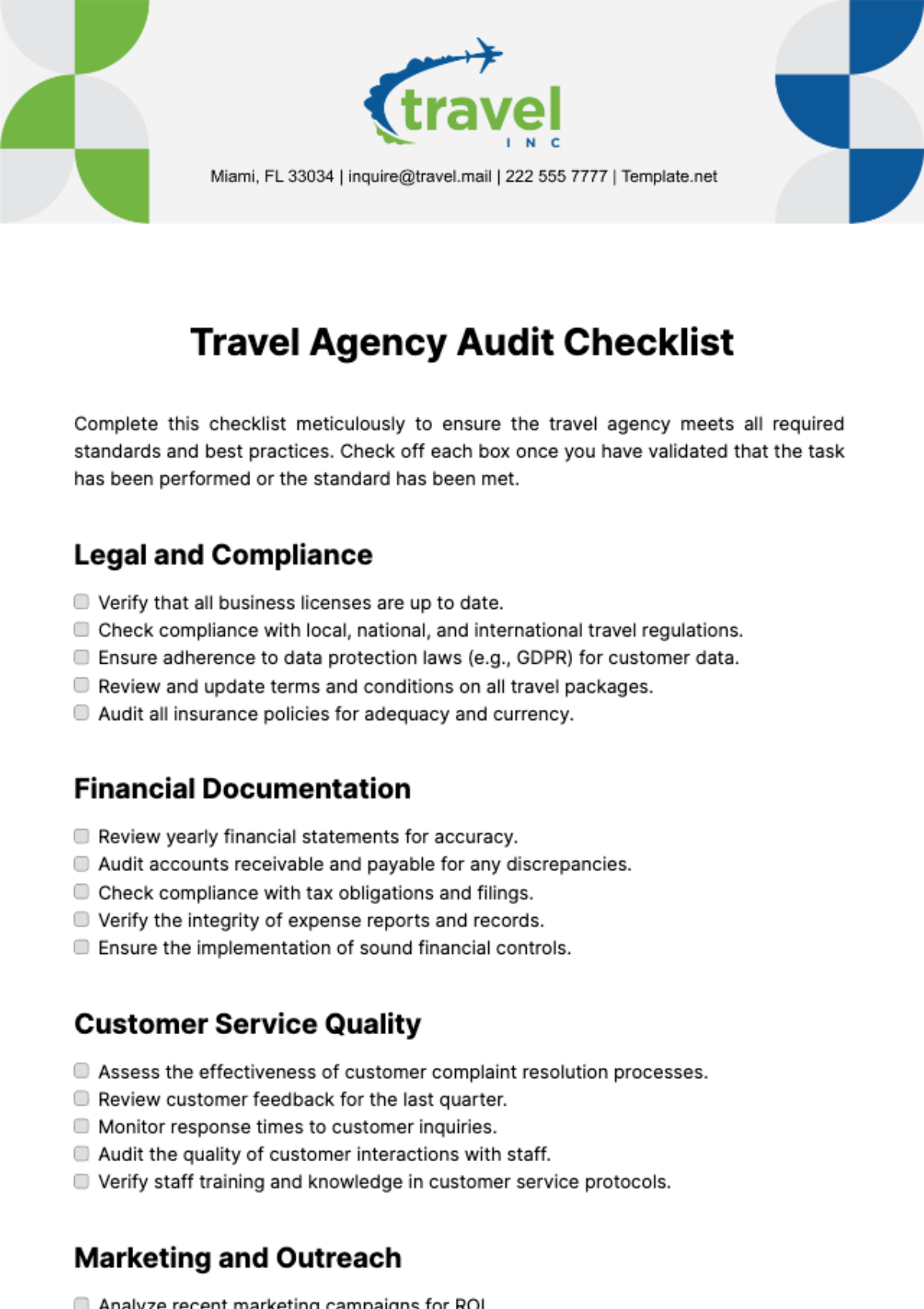 Free Travel Agency Audit Checklist Template