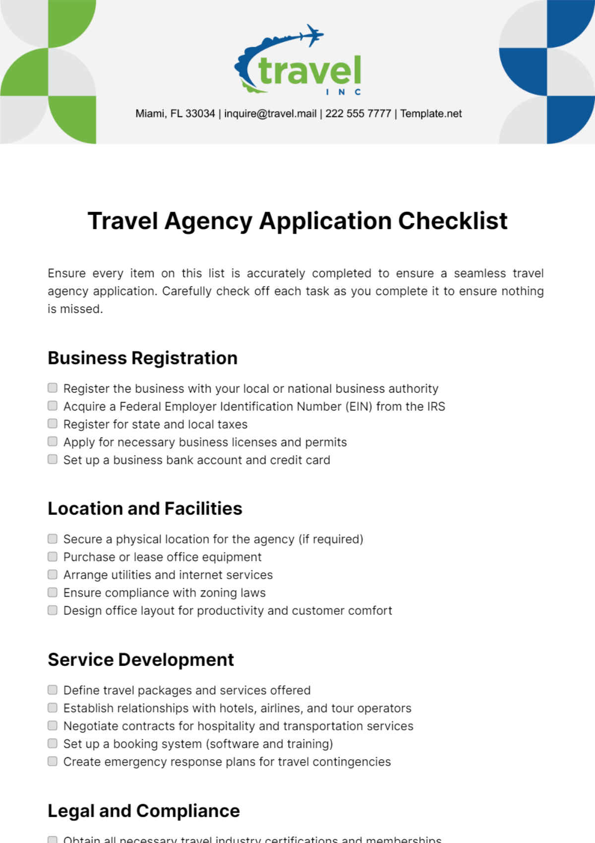 Travel Agency Application Checklist Template