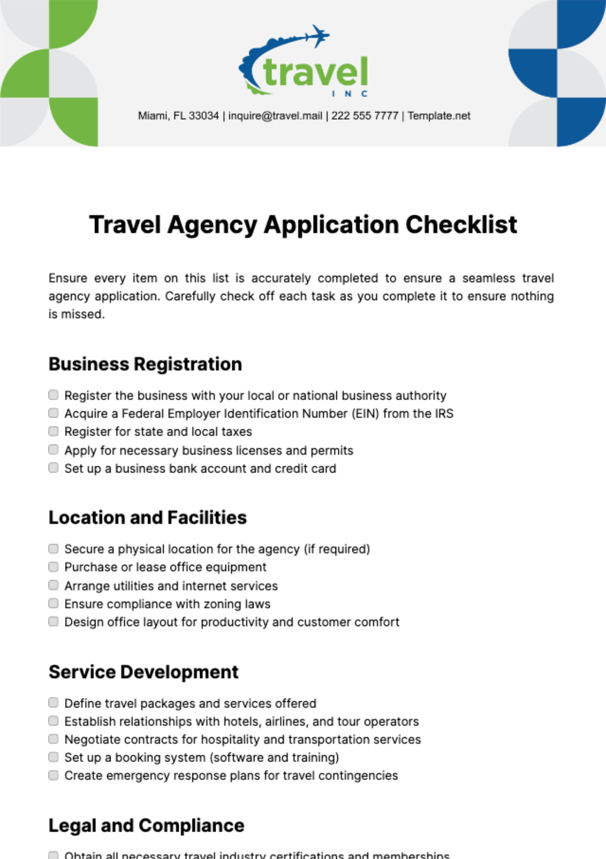 Travel Agency Application Checklist Template - Edit Online & Download