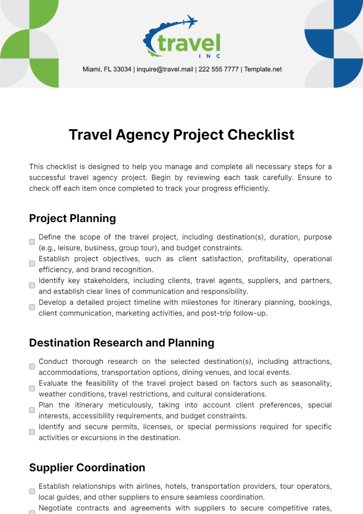 Travel Agency Project Checklist Template