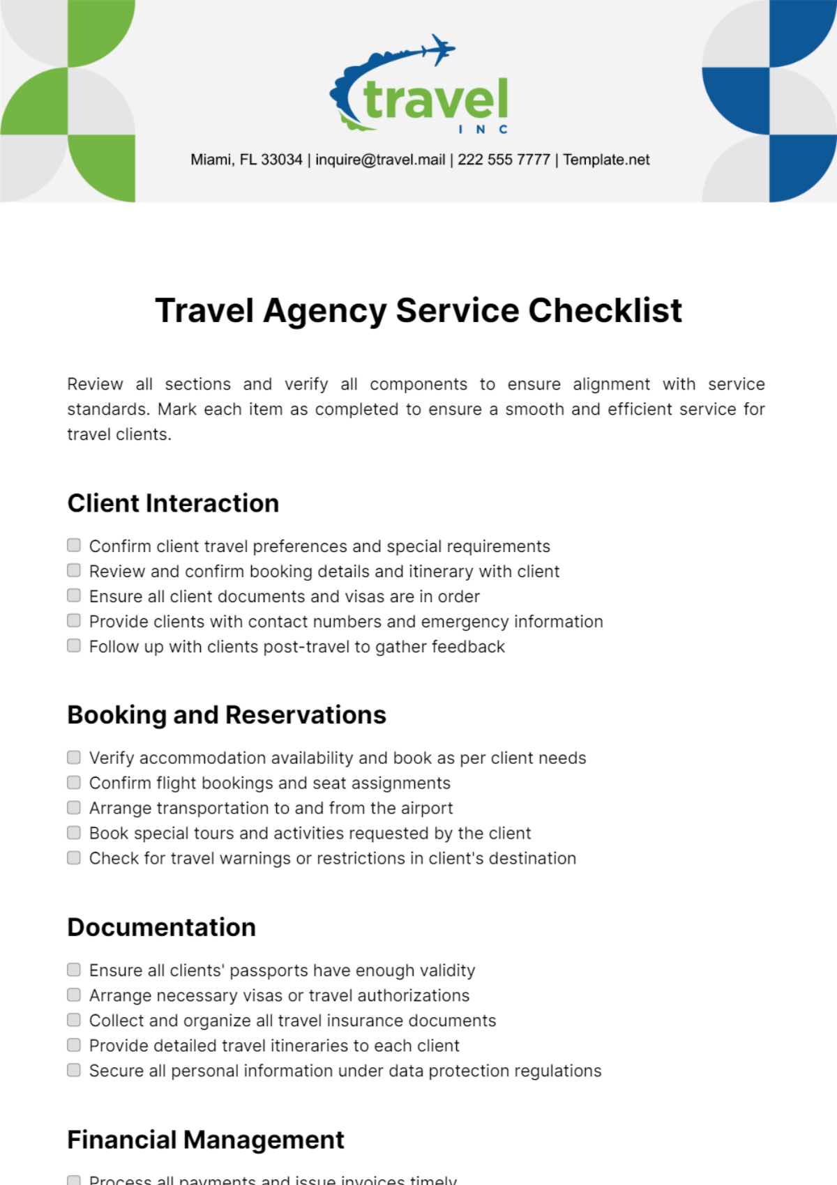 Travel Agency Service Checklist Template
