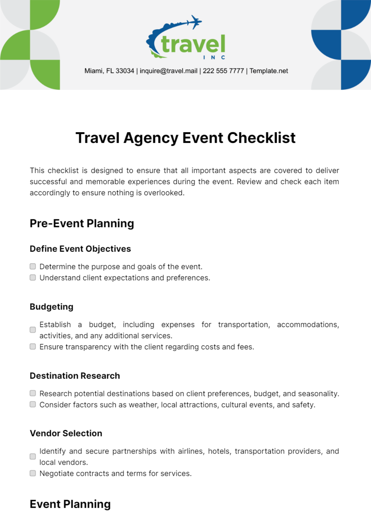 Travel Agency Event Checklist Template