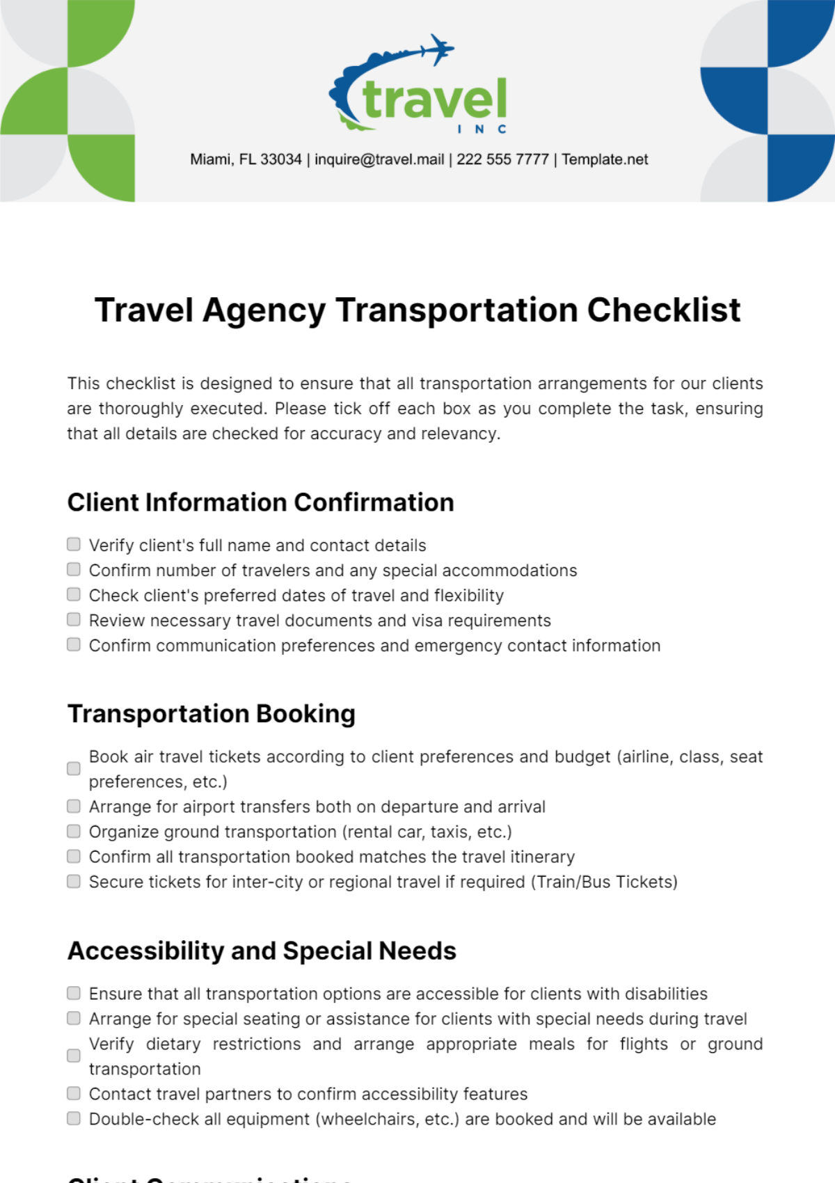 Travel Agency Transportation Checklist Template