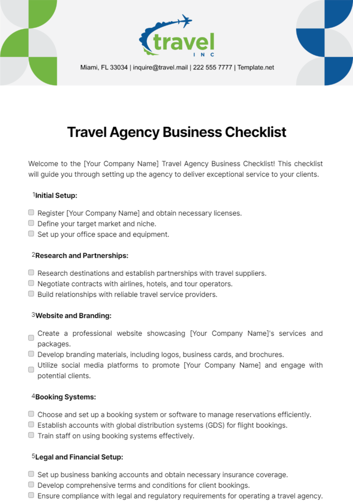 Travel Agency Business Checklist Template