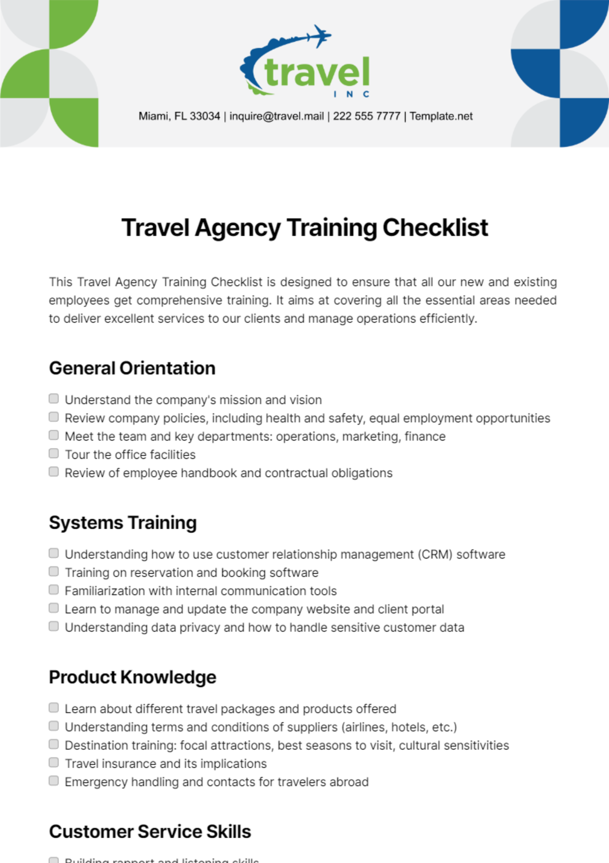 Travel Agency Training Checklist Template