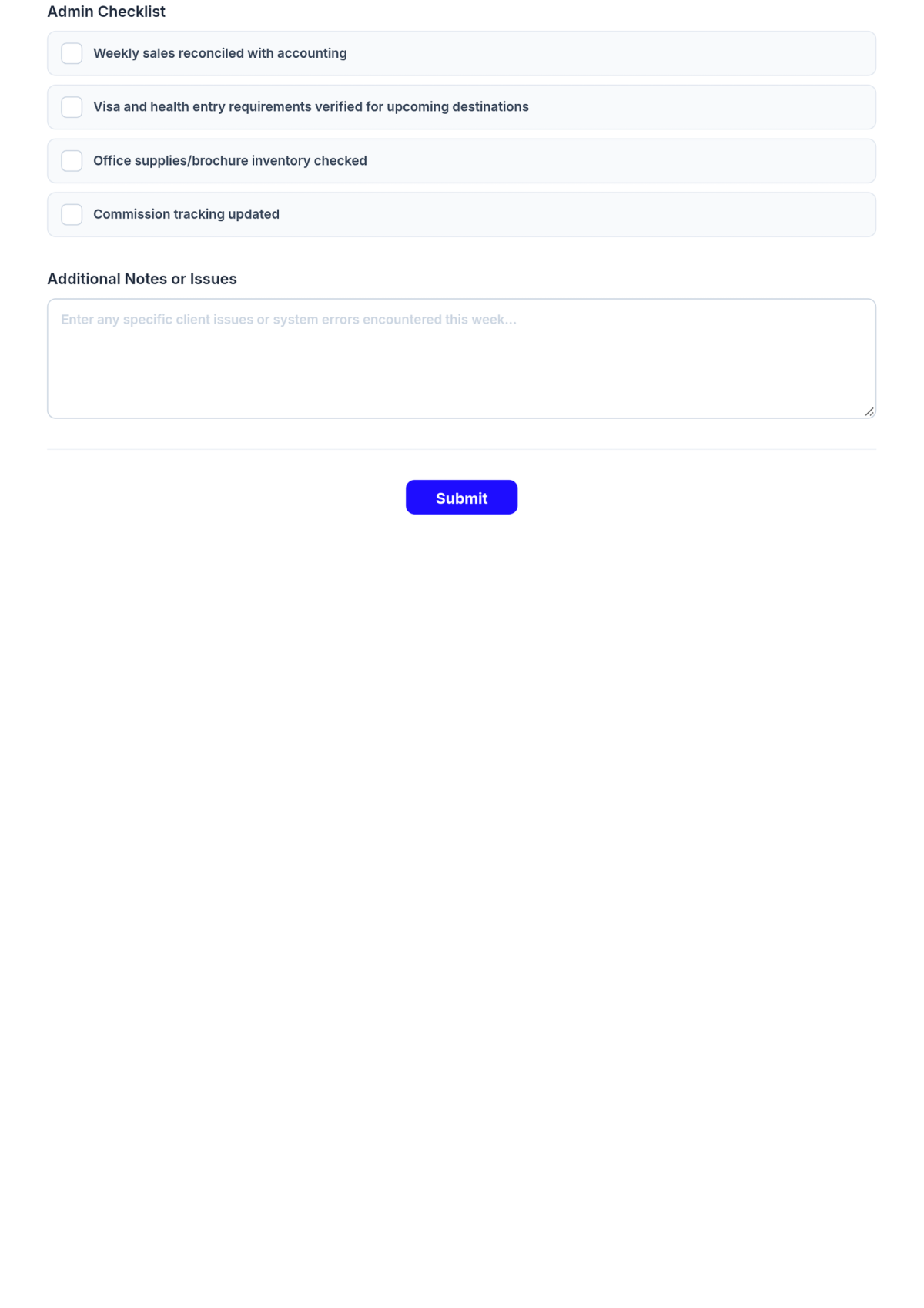Free Travel Agency Weekly Checklist Template & AI Maker Free Travel Agency Weekly Checklist Template & AI Maker