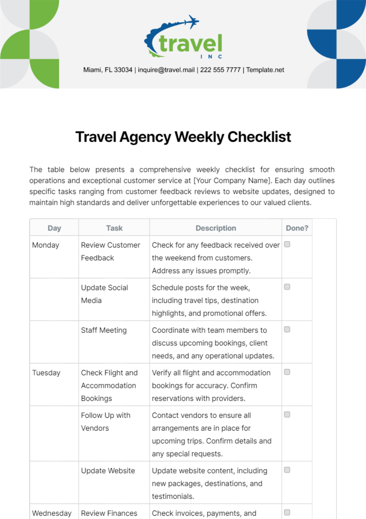 Travel Agency Weekly Checklist Template