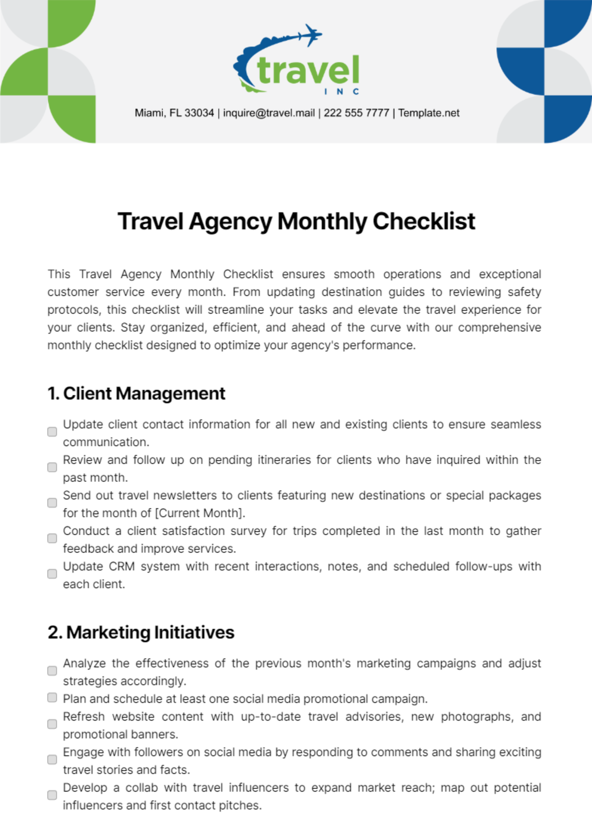 Travel Agency Monthly Checklist Template