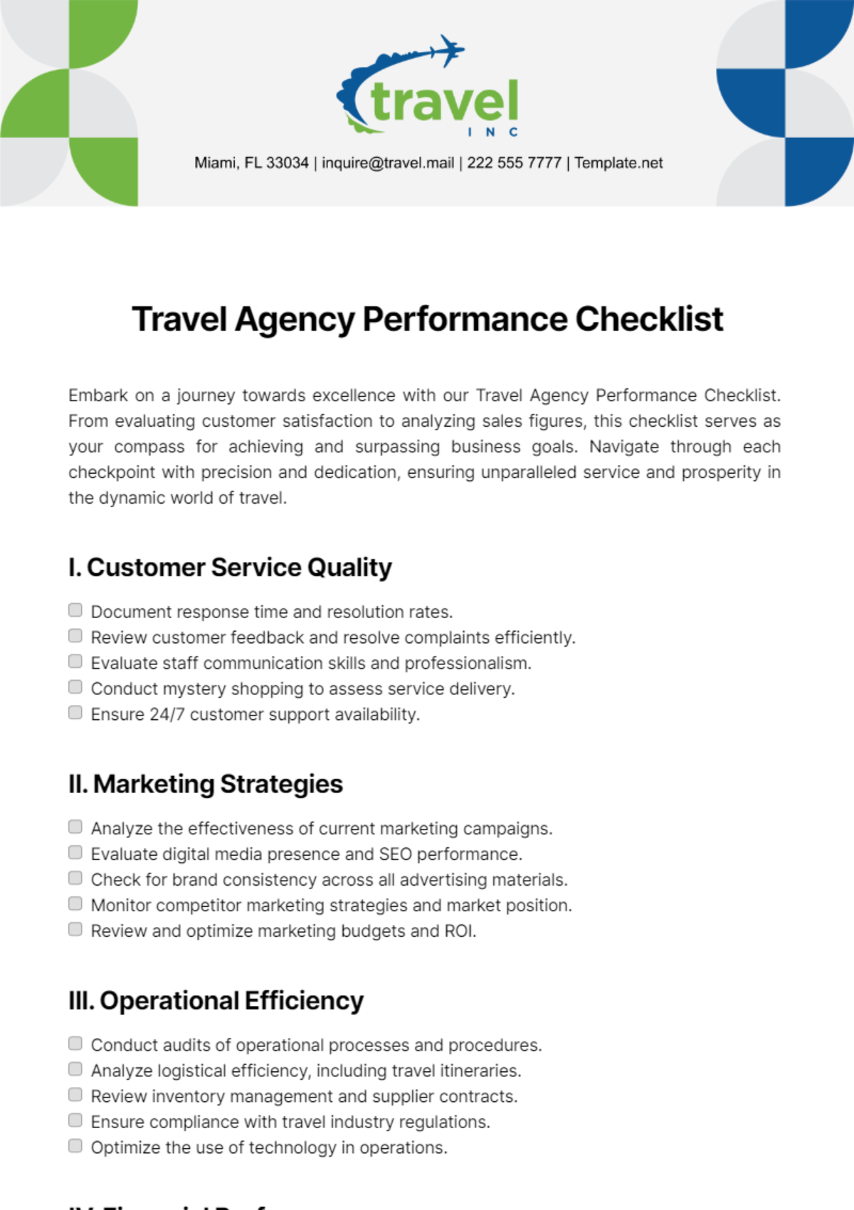 Travel Agency Performance Checklist Template
