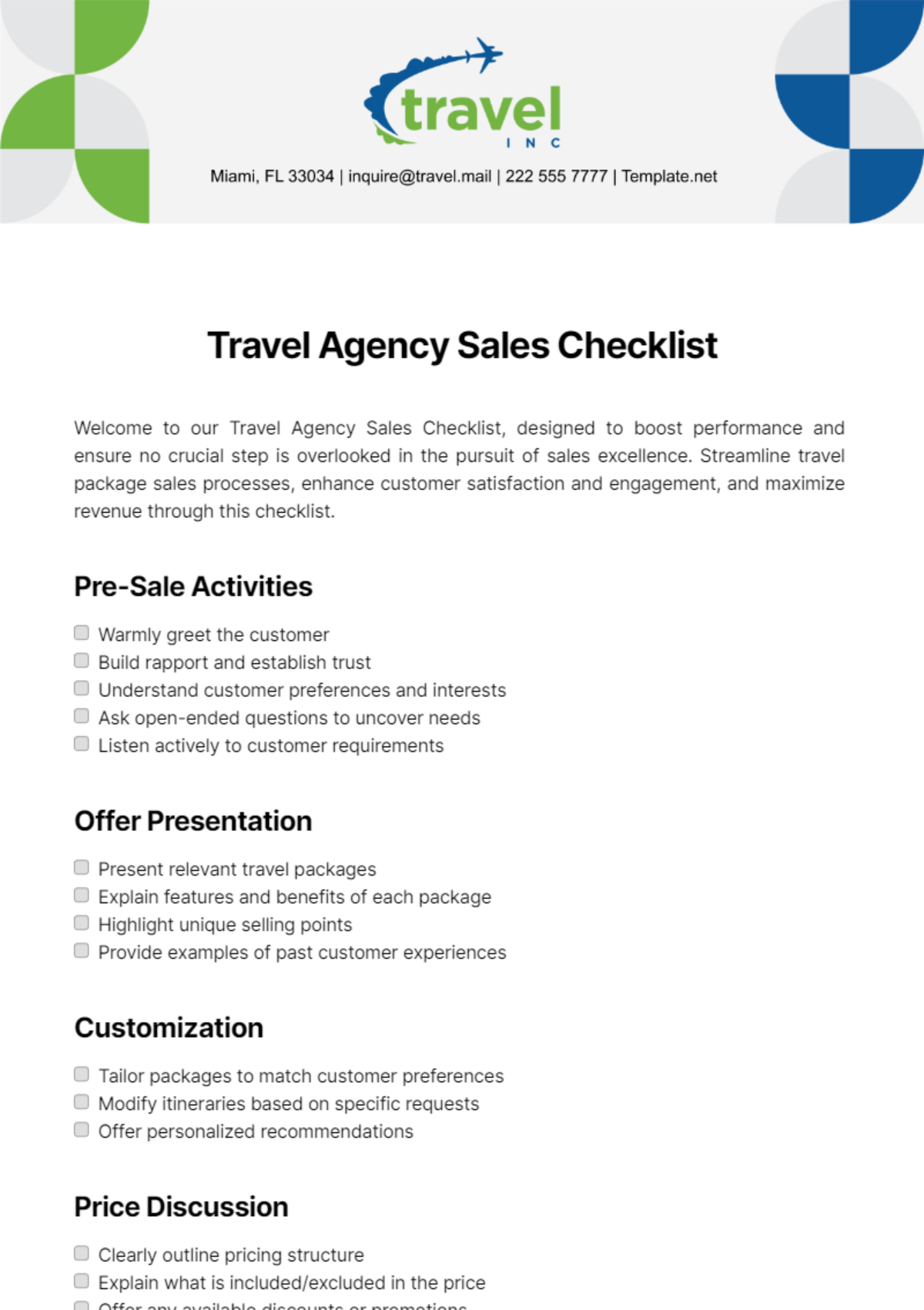 Travel Agency Sales Checklist Template