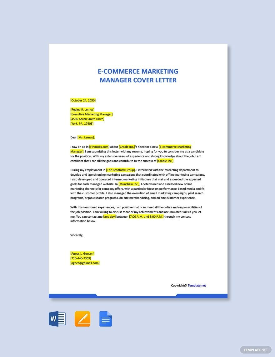 Ecommerce Marketing Manager Cover Letter Template