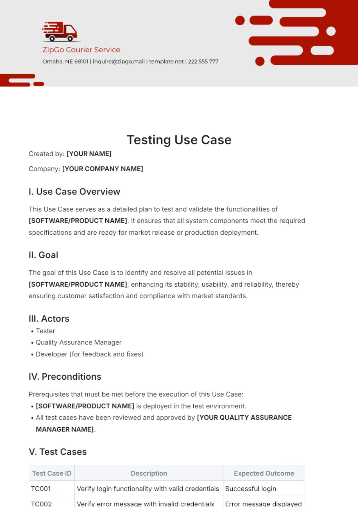 Testing Use Case Template - Edit Online & Download