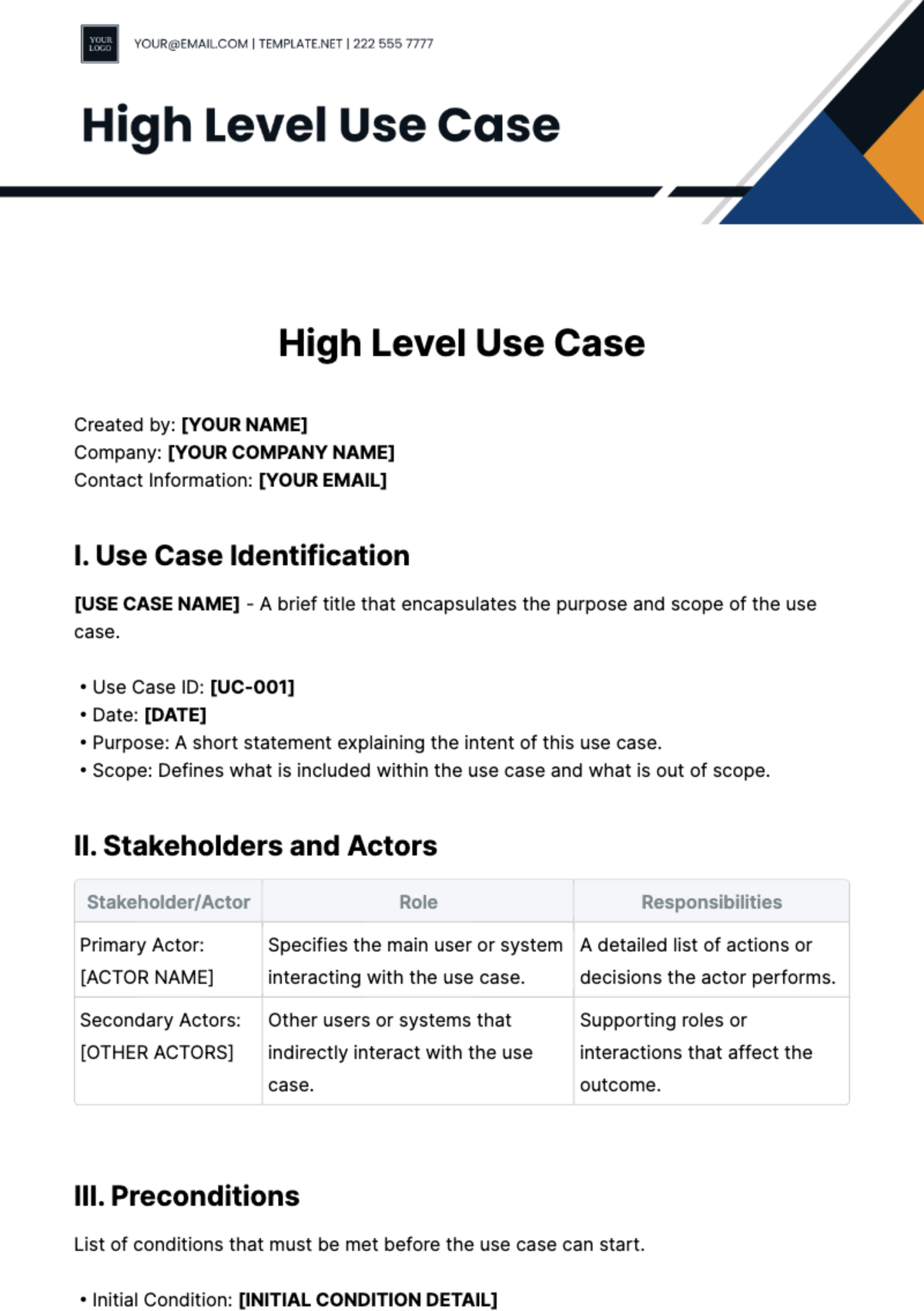 Free High Level Use Case Template