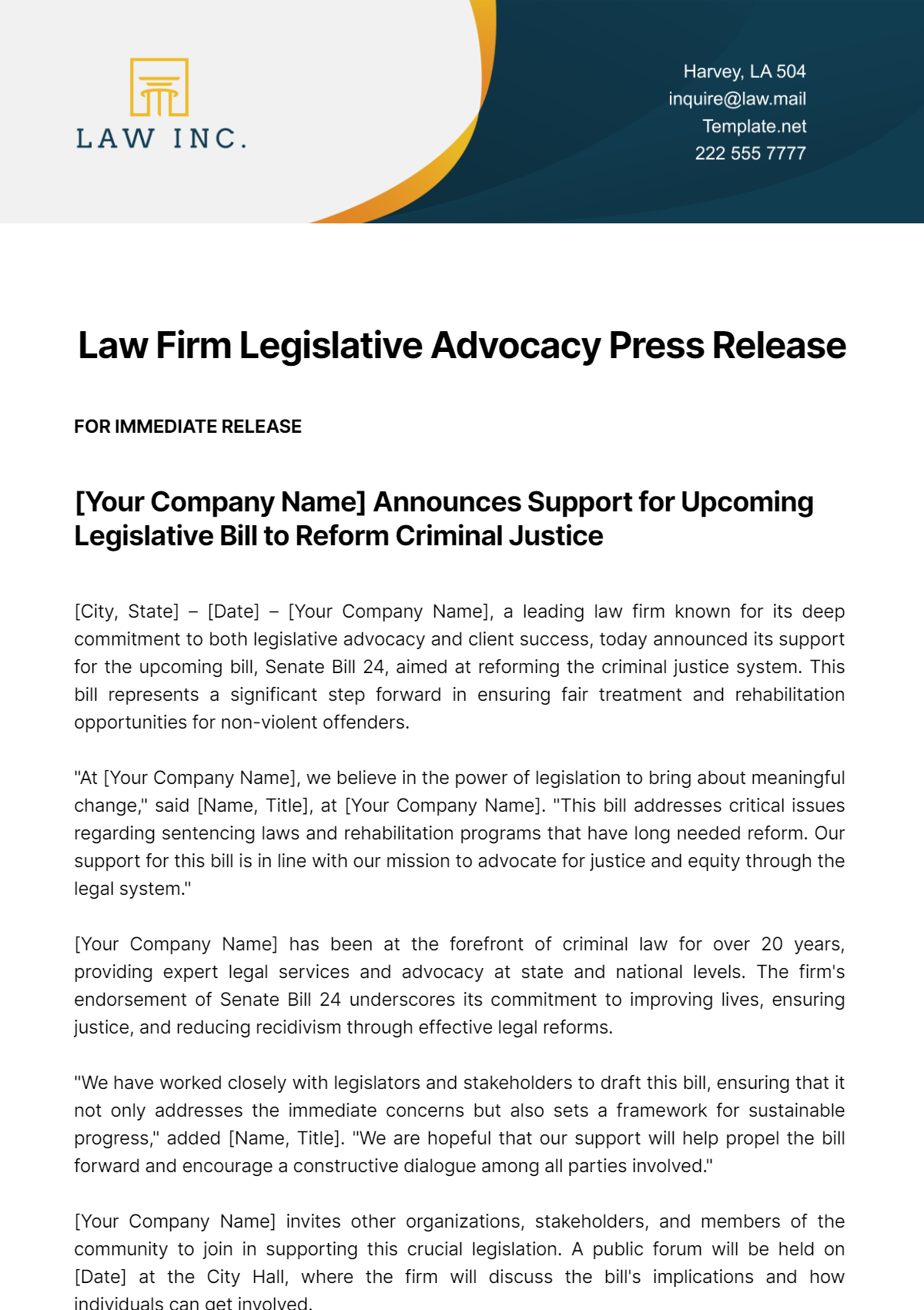 Free Law Firm Legislative Advocacy Press Release Template