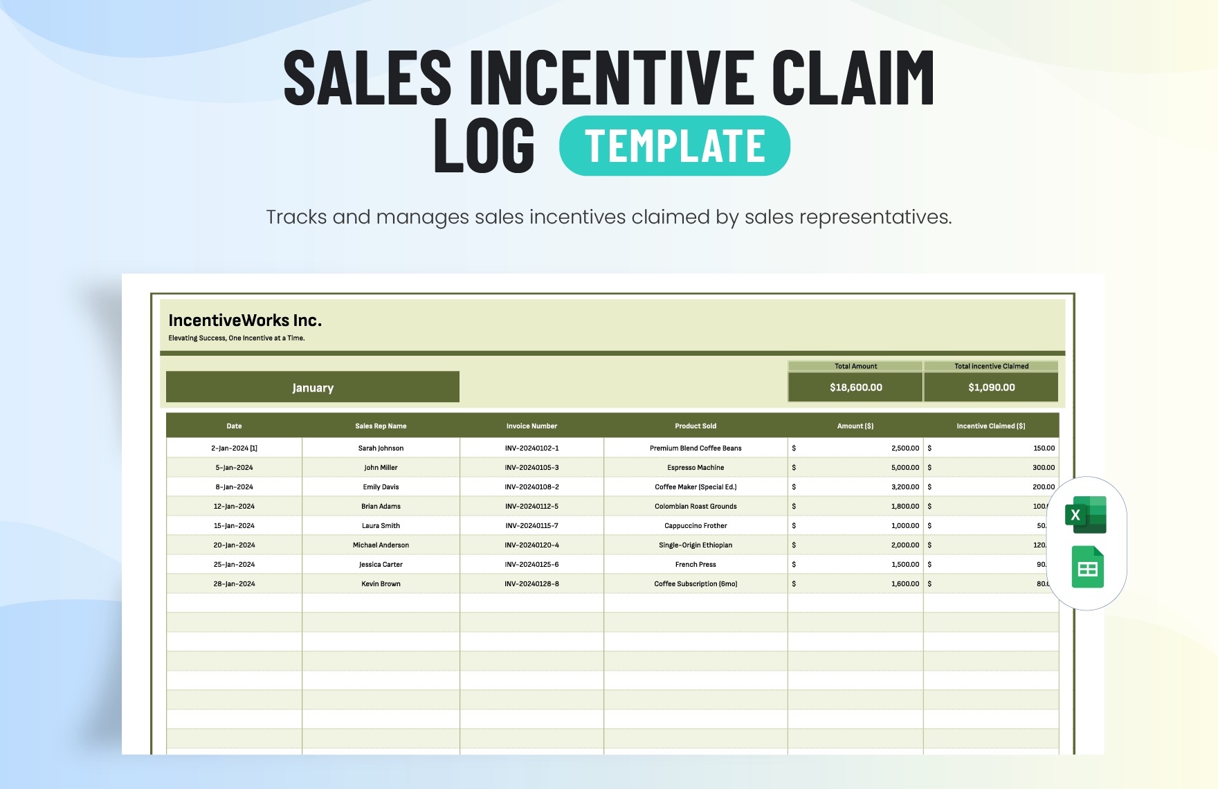 Sales Incentive Claim Log Template in Excel, Google Sheets