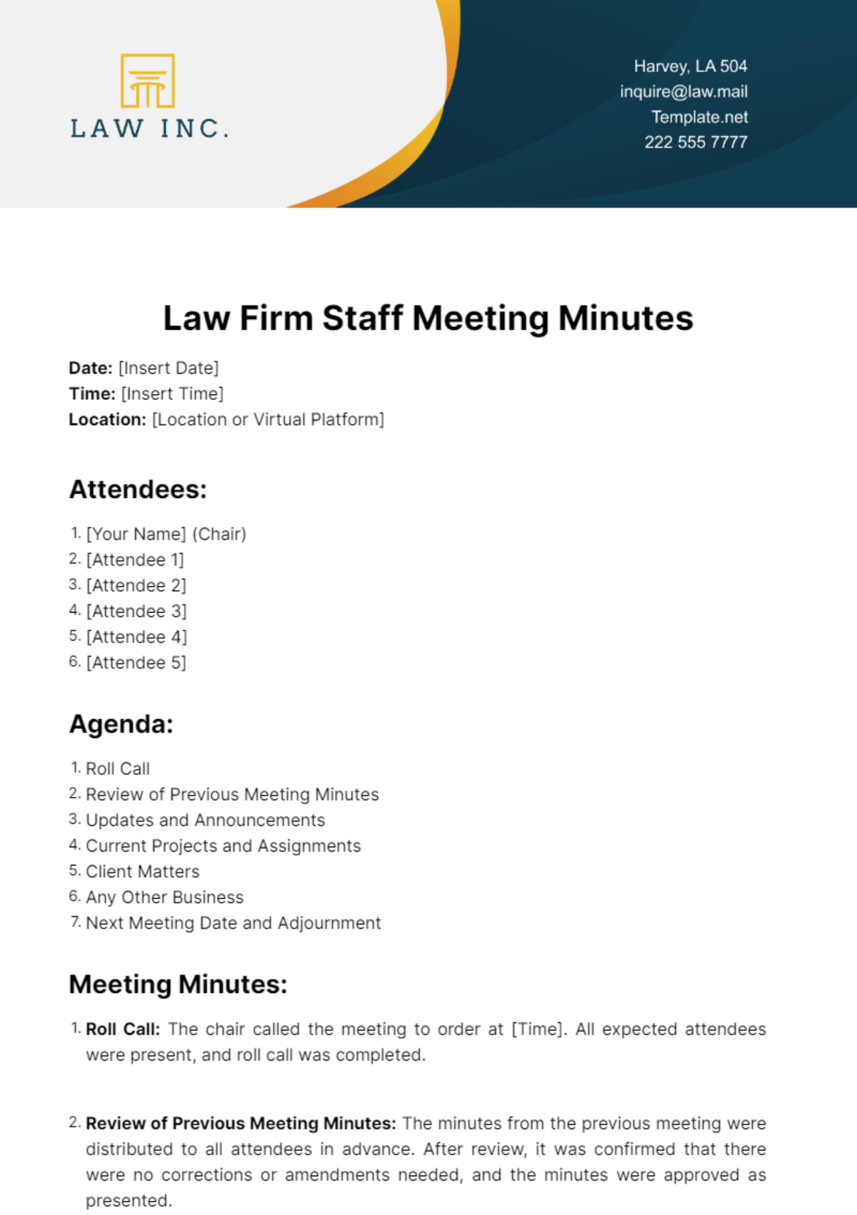 Free Law Firm Staff Meeting Minutes Template