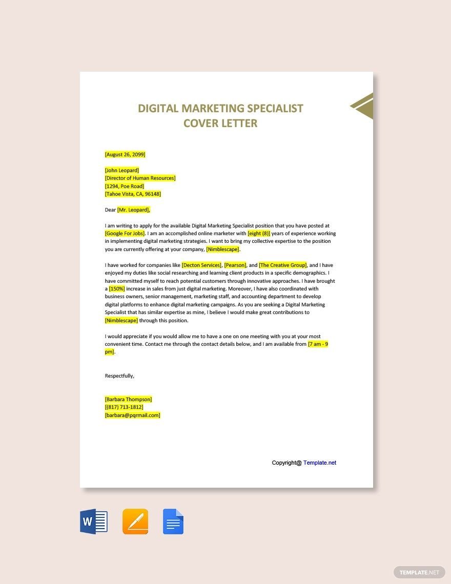 Digital Marketing Specialist Cover Letter Template