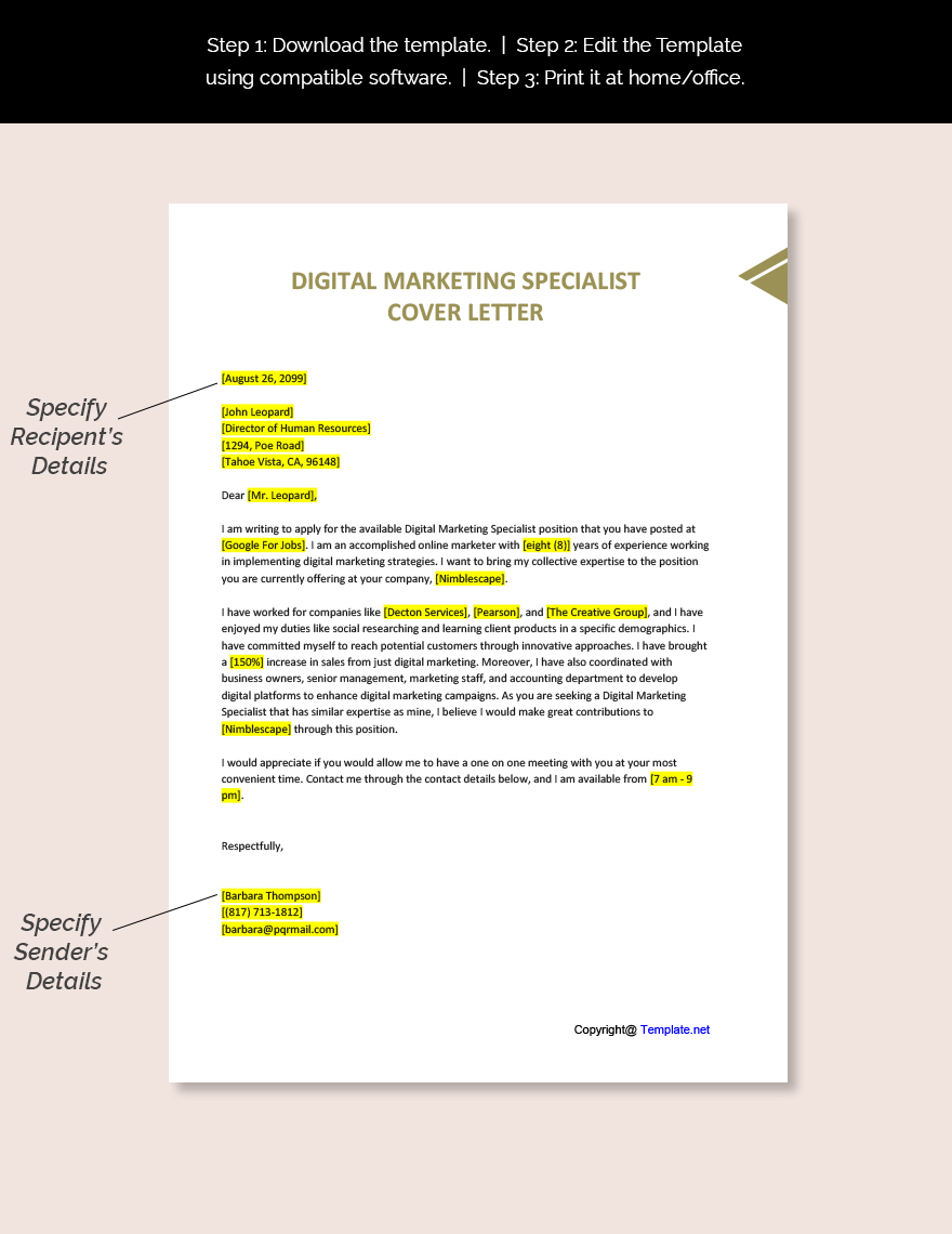 Digital Marketing Specialist Cover Letter
