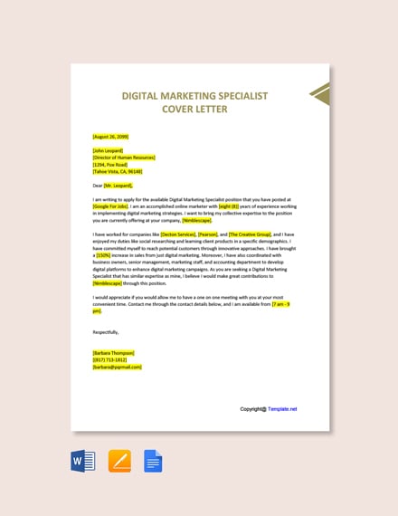 Digital Marketing Specialist Cover Letter Template Google Docs Word Apple Pages Template Net